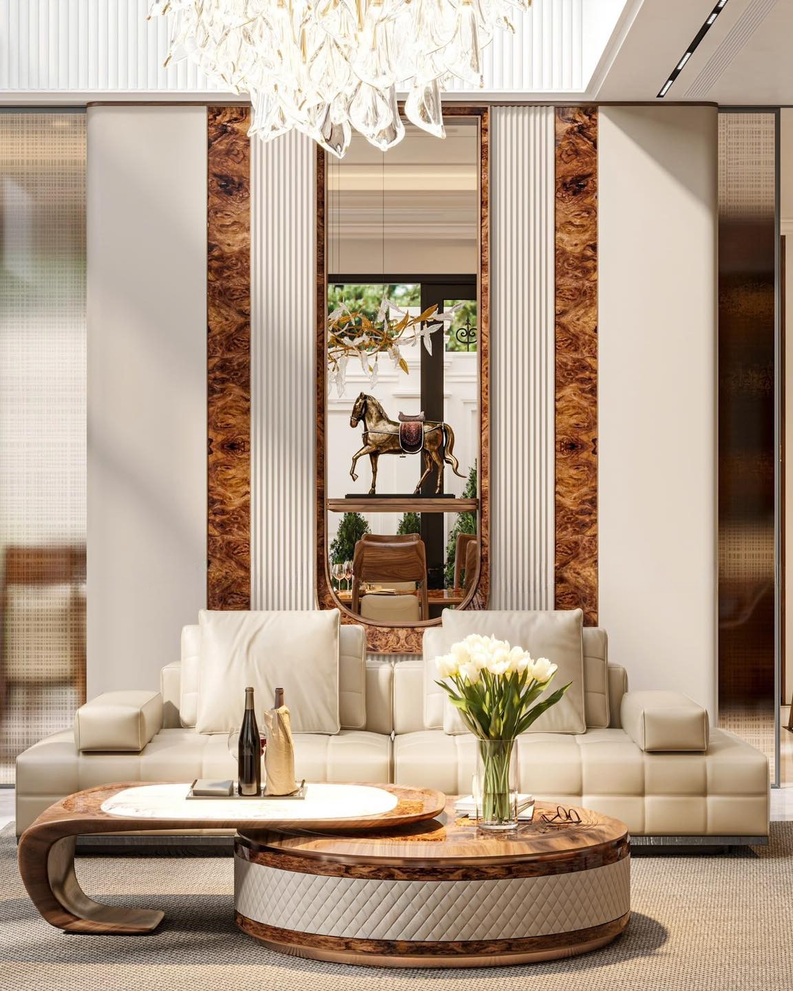 Mẫu bàn trà gỗ đẹp hiện đại với mặt veneer nu và bàn oval mặt đá trắng