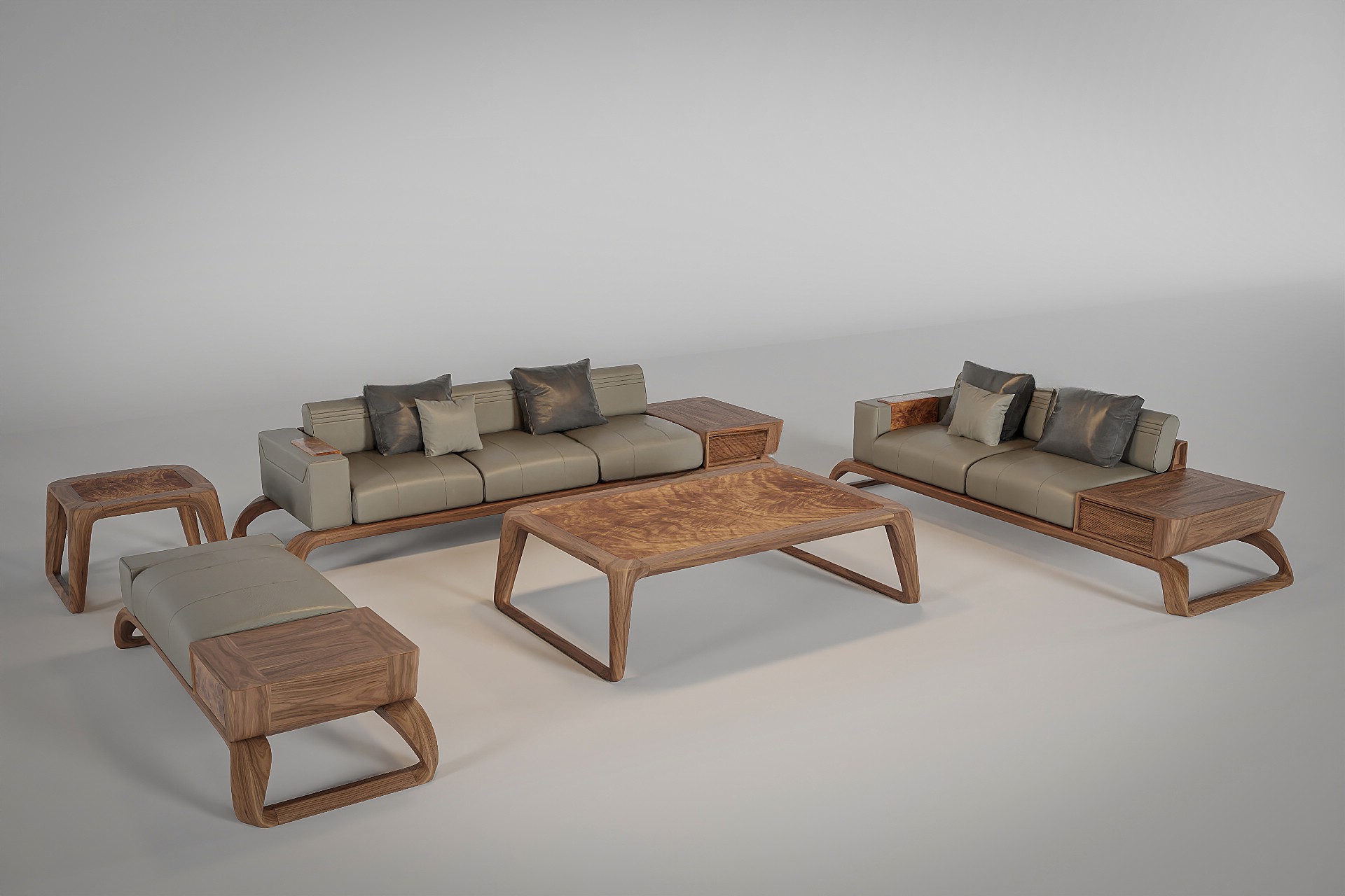 Mẫu ghế sofa gỗ tự nhiên với bàn trà veneer nu và chân cong chữ U