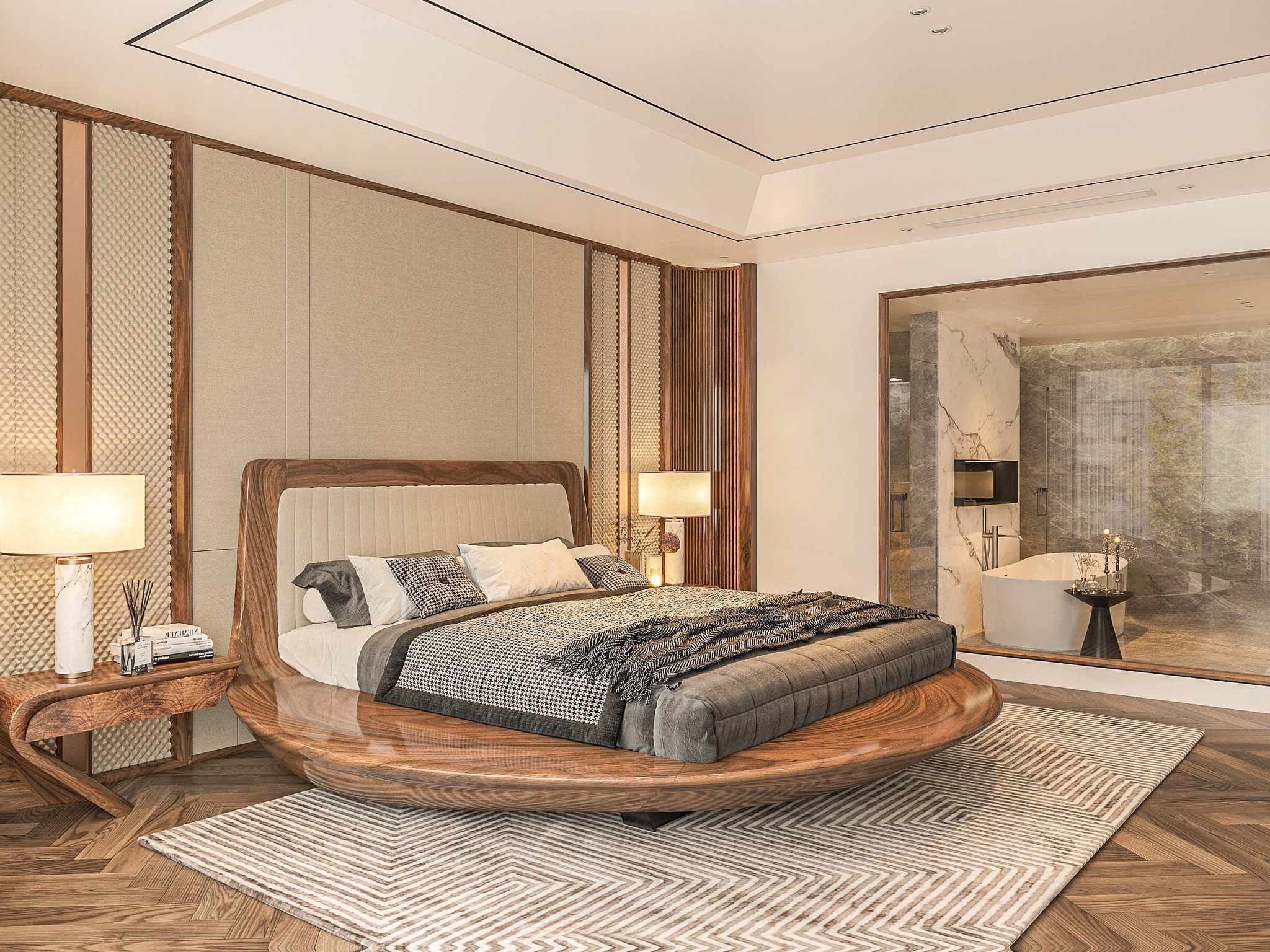 Mẫu giường gỗ cao cấp hình tròn với tựa đầu bọc da trắng kem