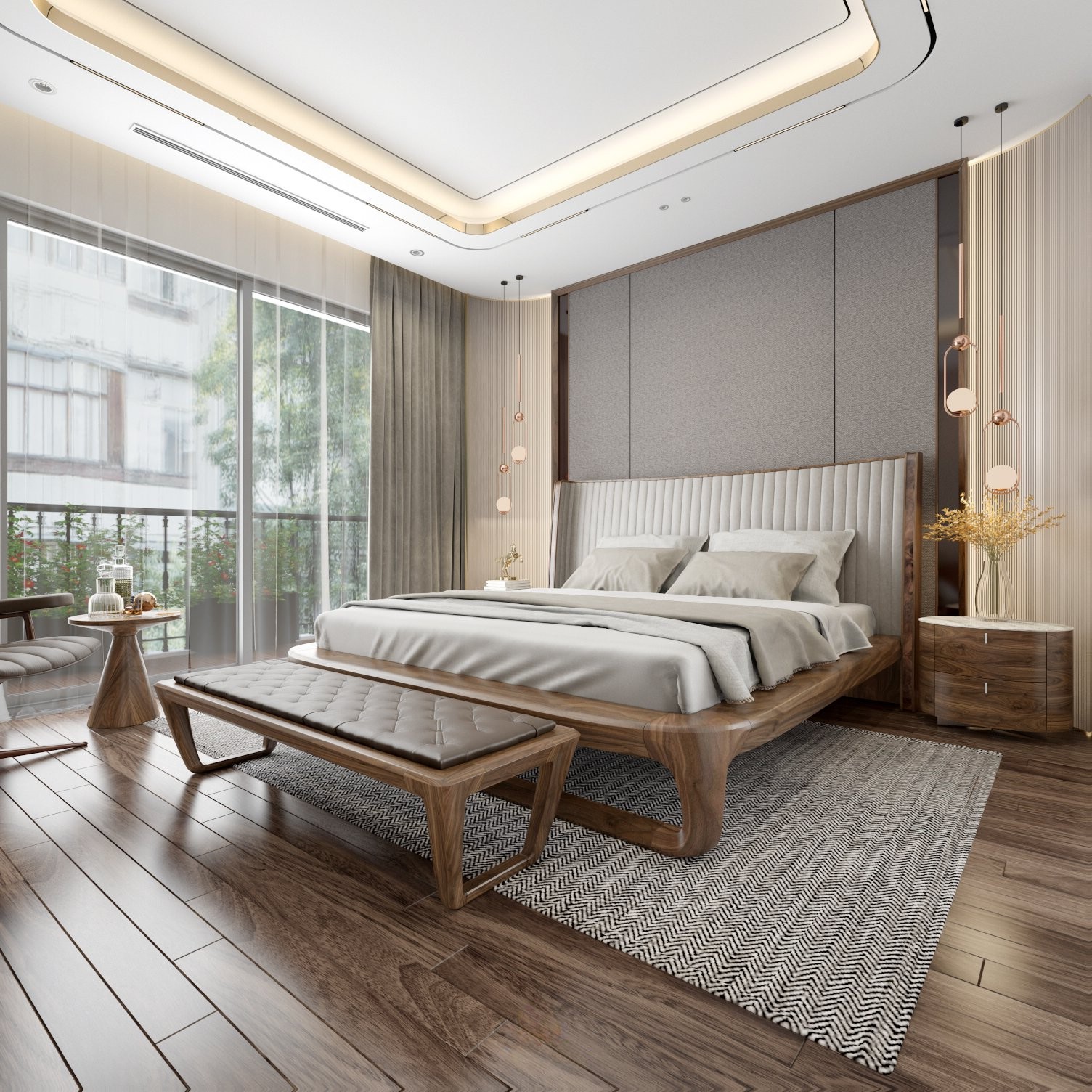 Mẫu giường gỗ tự nhiên đẹp với tựa đầu bọc vải nỉ và ghế băng đồng bộ