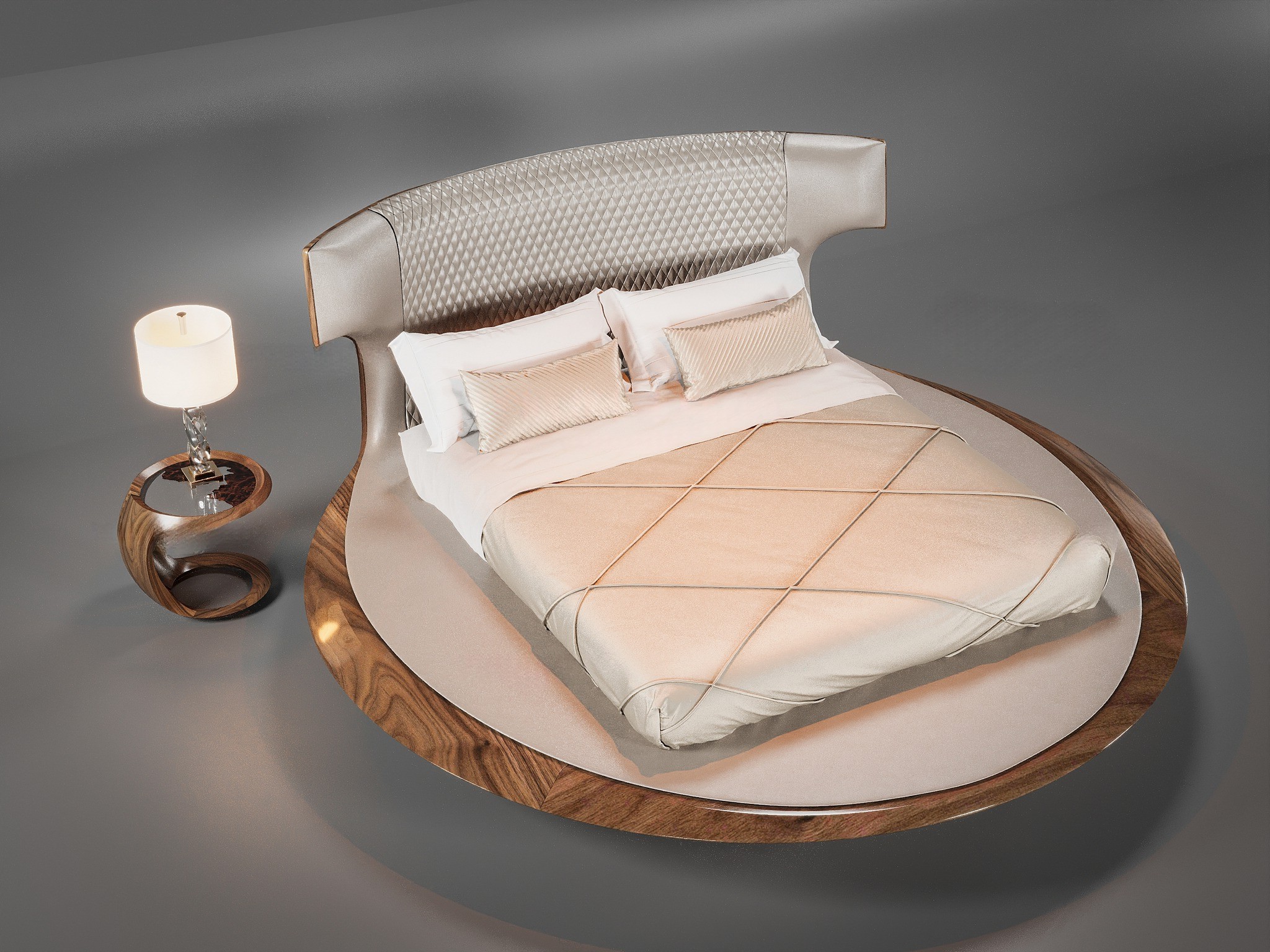 Mẫu giường ngủ đơn giản hiện đại dáng tròn với đệm da màu ghi sáng