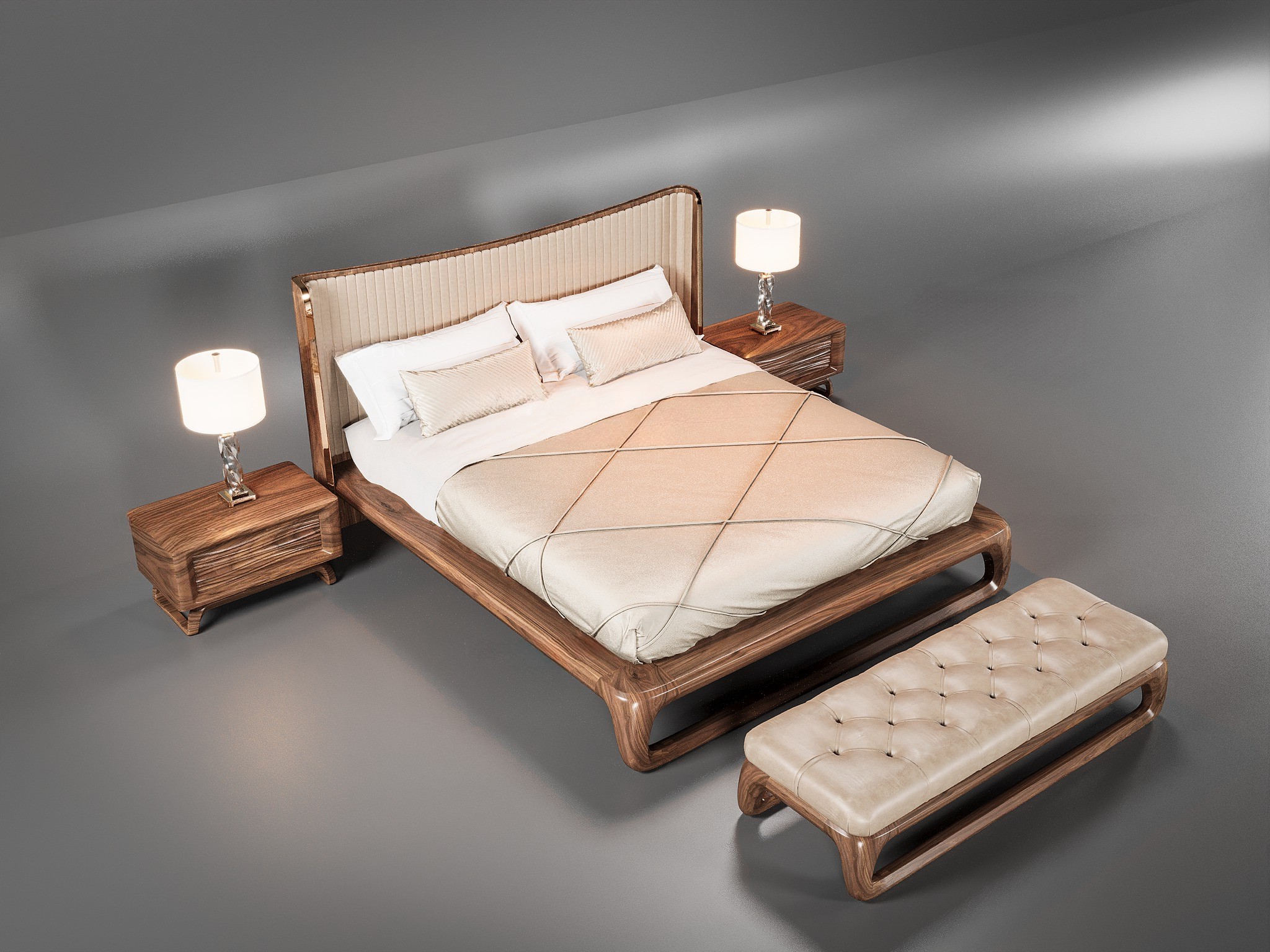 Mẫu giường ngủ gỗ đẹp hiện đại với tựa lưng bọc nệm và tab CNC sóng