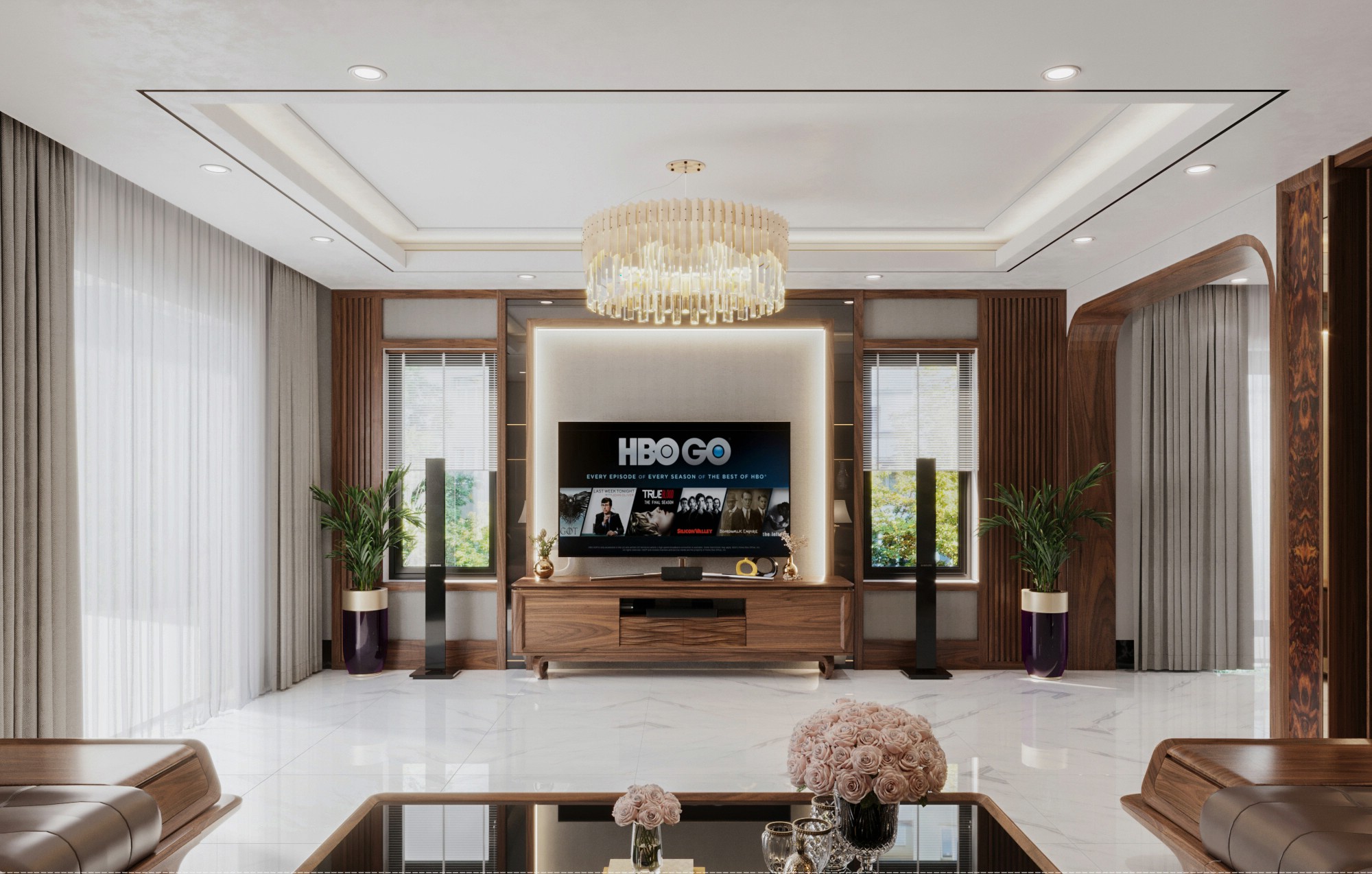 Mẫu kệ tivi đẹp hiện đại bằng gỗ óc chó với ngăn CNC sóng nước và chân chữ U liền khối