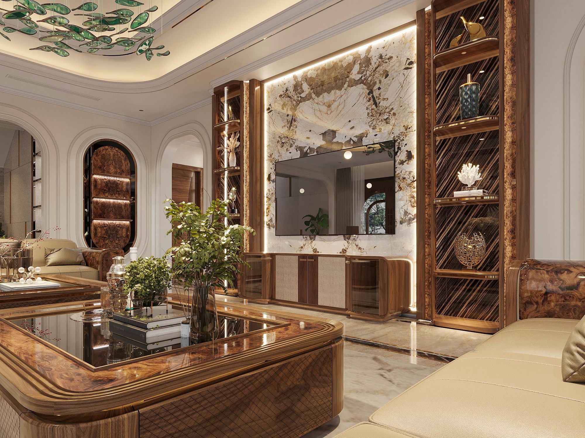 Mẫu kệ tivi gỗ đẹp hiện đại dáng thấp cánh kính trong suốt và gỗ ốp sợi than tre