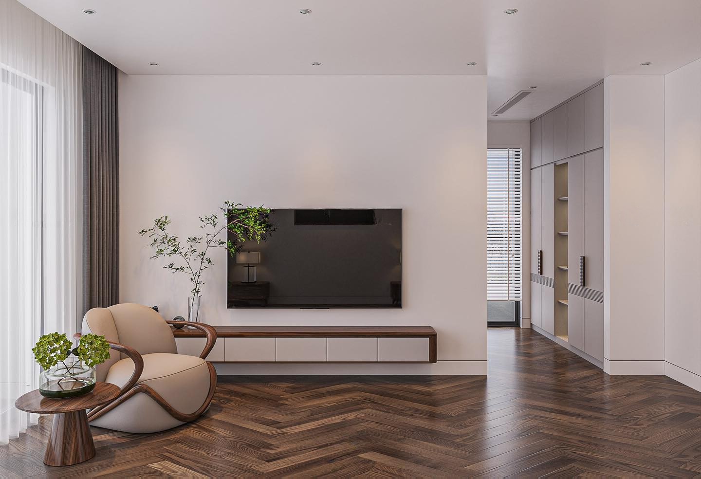 Mẫu kệ tivi treo tường hiện đại khung MDF vân gỗ nâu trầm mặt cánh laminate trắng