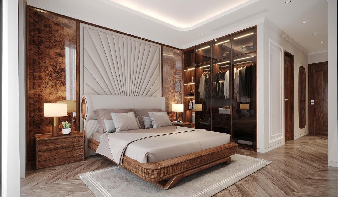 Mẫu nội thất phòng ngủ gỗ tự nhiên với giường CNC, tủ âm tường và vách ốp vân gỗ