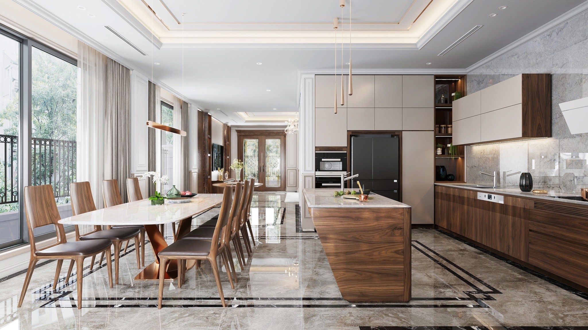 Mẫu phòng bếp đẹp hiện đại với bàn ăn 8 ghế, tủ bếp chữ L và bàn bar