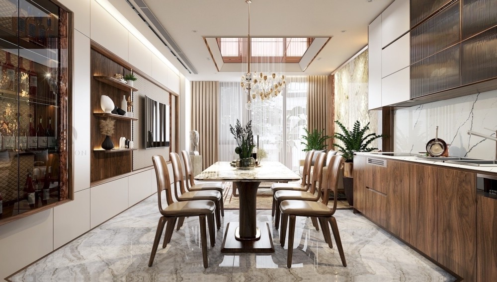 Mẫu phòng bếp đẹp với bàn ăn đá marble và hệ tủ bếp chữ I hiện đại