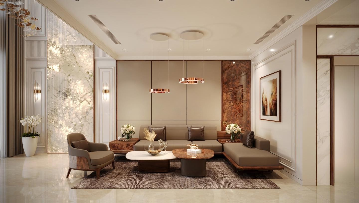 Mẫu sofa gỗ chữ L đẹp bằng gỗ óc chó, đệm da xám và bàn trà mặt đá