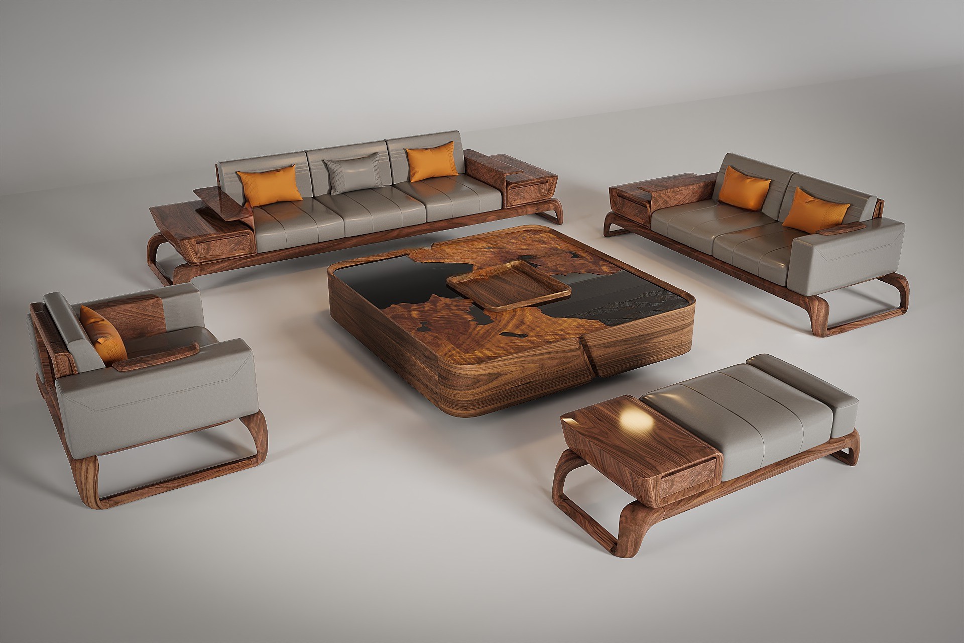 Mẫu sofa gỗ đẹp hiện đại bố cục hình vuông với bàn trà hộp vuông mặt kính gỗ tự nhiên