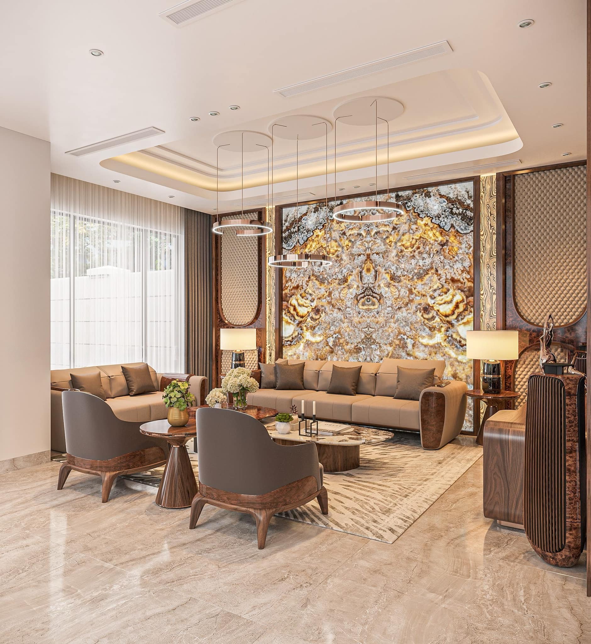 Bộ sofa gỗ đẹp gồm sofa văng 2800mm, 2 armchair đối diện, sofa 2 chỗ 2000mm và bàn trà 2 tầng trung tâm