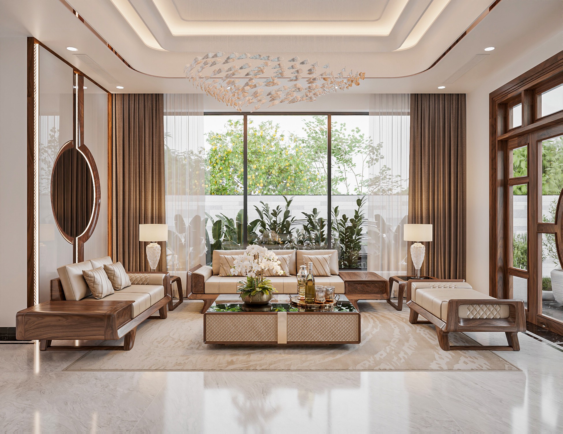 Mẫu sofa gỗ phòng khách hiện đại sang trọng với đệm da be vàng và bàn trà tiện dụng