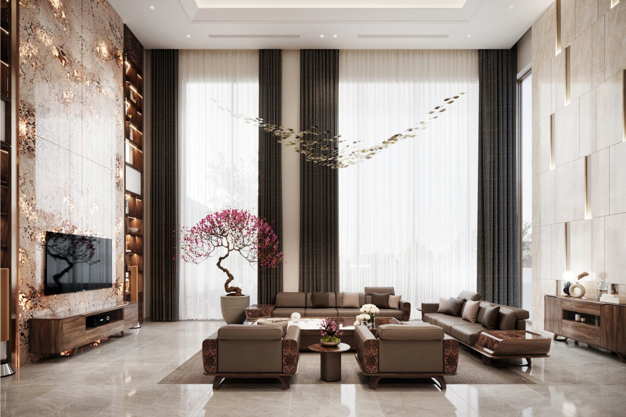 Mẫu thiết kế phòng khách đẹp thông tầng với tường ốp xuyên sáng và bộ bàn ghế gỗ veneer nu