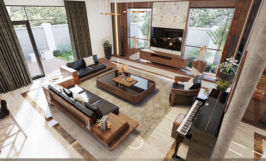 Mẫu thiết kế phòng khách gỗ óc chó với bàn trà kính đen và kệ tivi treo tường