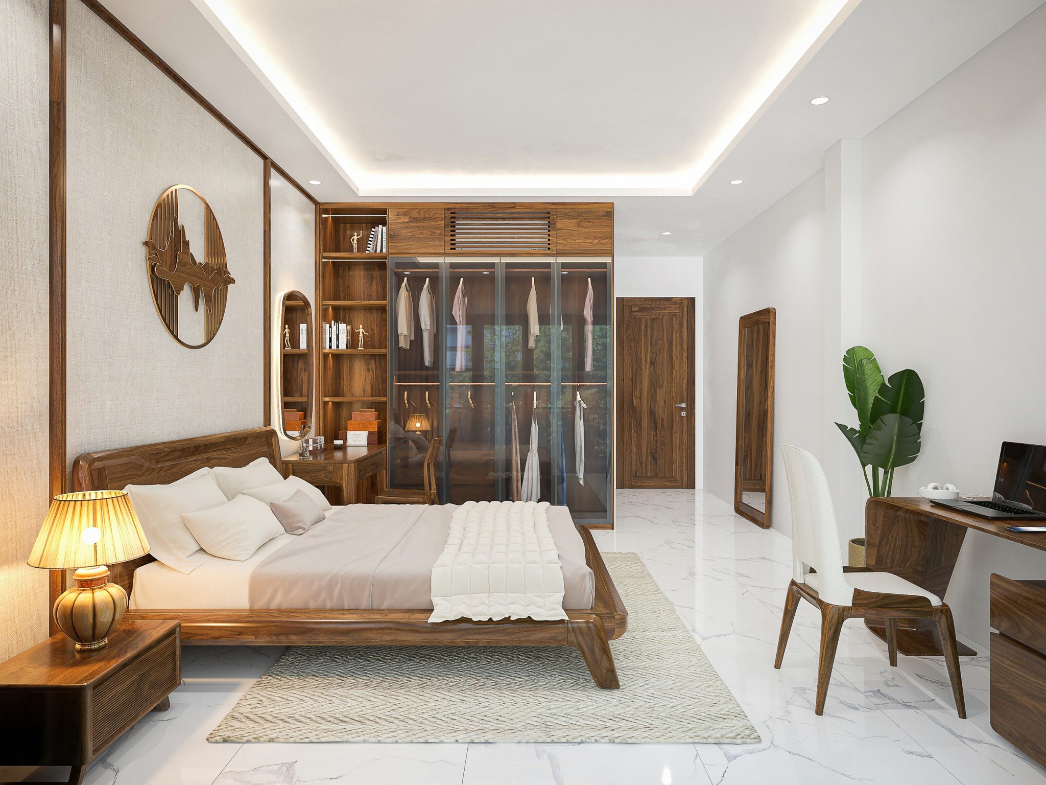 Mẫu thiết kế phòng ngủ đẹp hiện đại và sáng tạo với tủ kính, giường gỗ óc chó và bàn làm việc liền khối