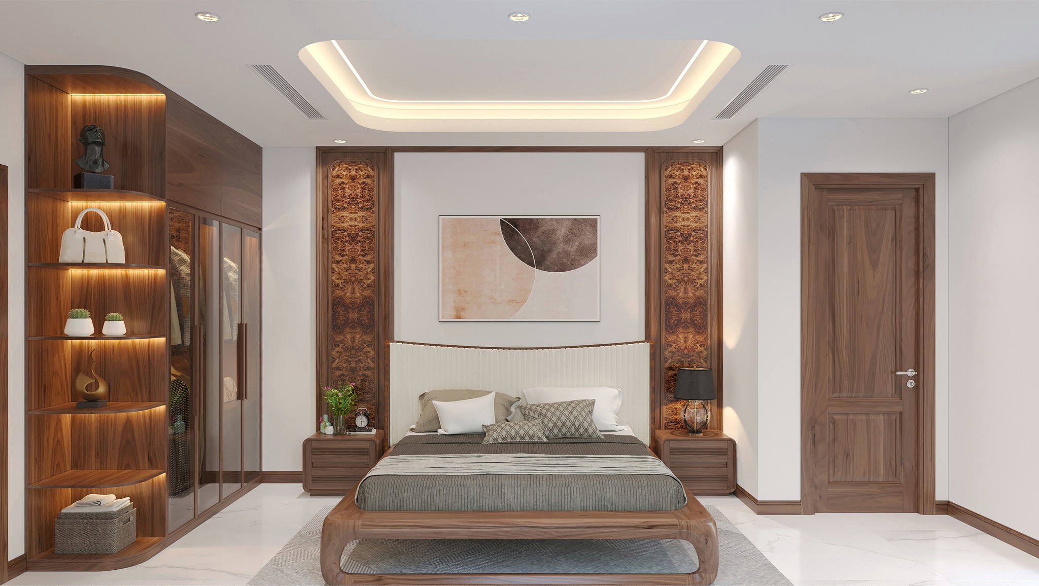 Mẫu thiết kế phòng ngủ hiện đại với giường gỗ óc chó và tủ quần áo kính