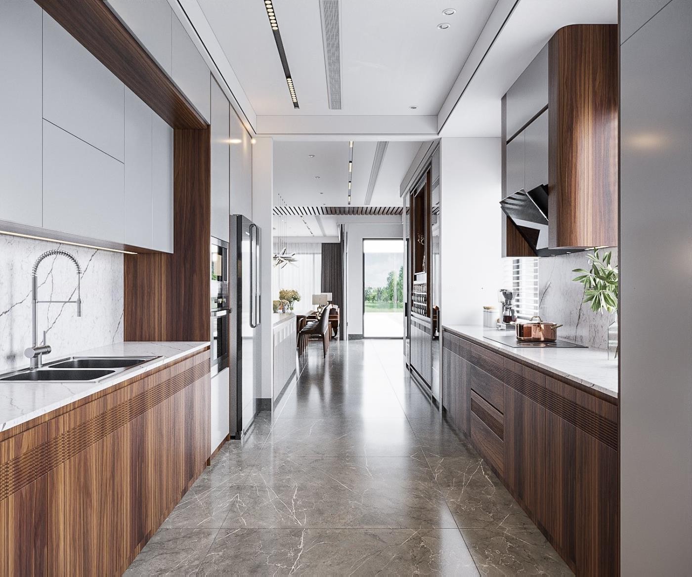 Mẫu thiết kế tủ bếp song song cao kịch trần hiện đại với acrylic trắng và MDF vân gỗ