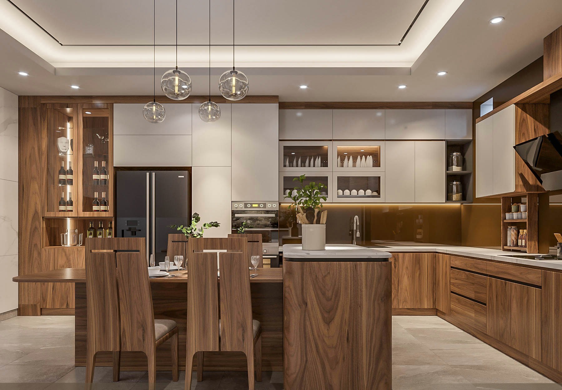 Mẫu tủ bếp bằng gỗ chữ L với bàn đảo và tủ rượu kính