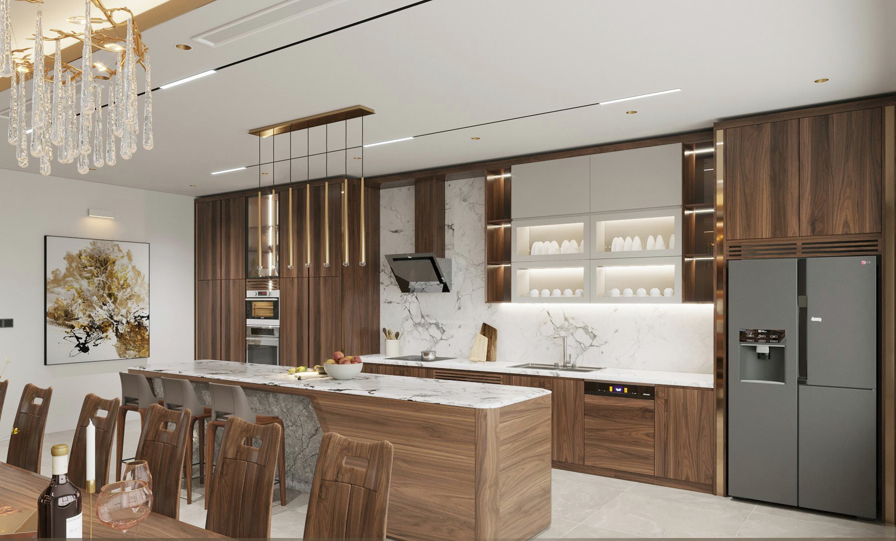 Mẫu tủ bếp chữ L nhỏ đẹp gọn gàng với chất liệu MDF phủ laminate nâu