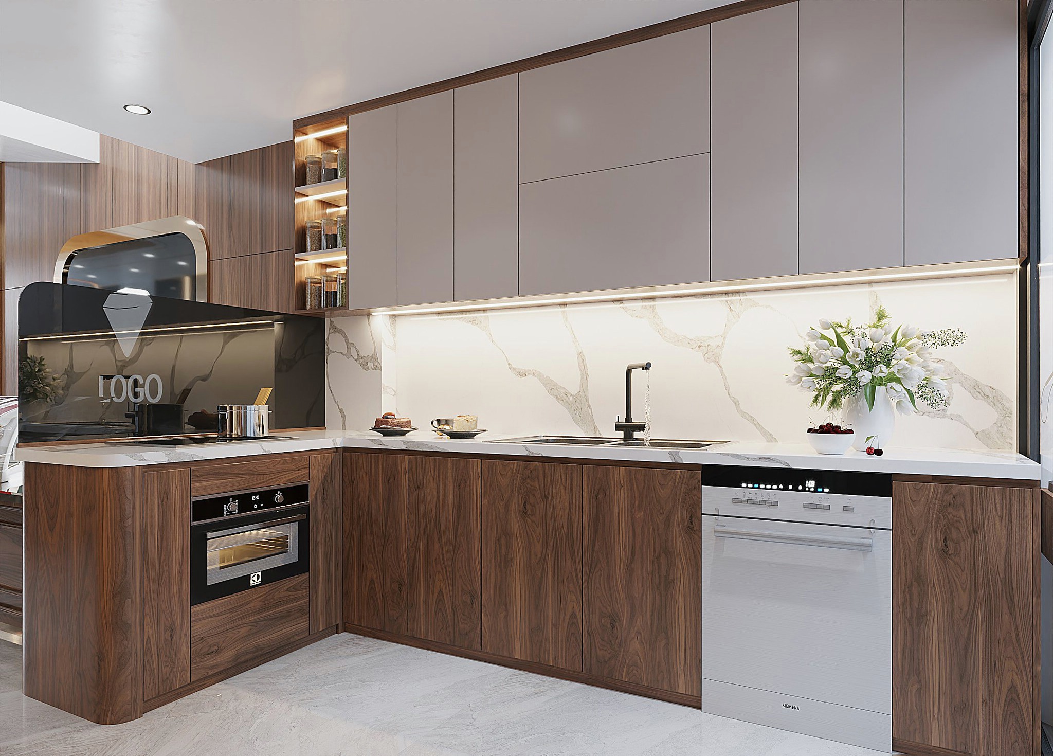 Mẫu tủ bếp gỗ công nghiệp chữ L cao kịch trần với acrylic trắng và laminate nâu