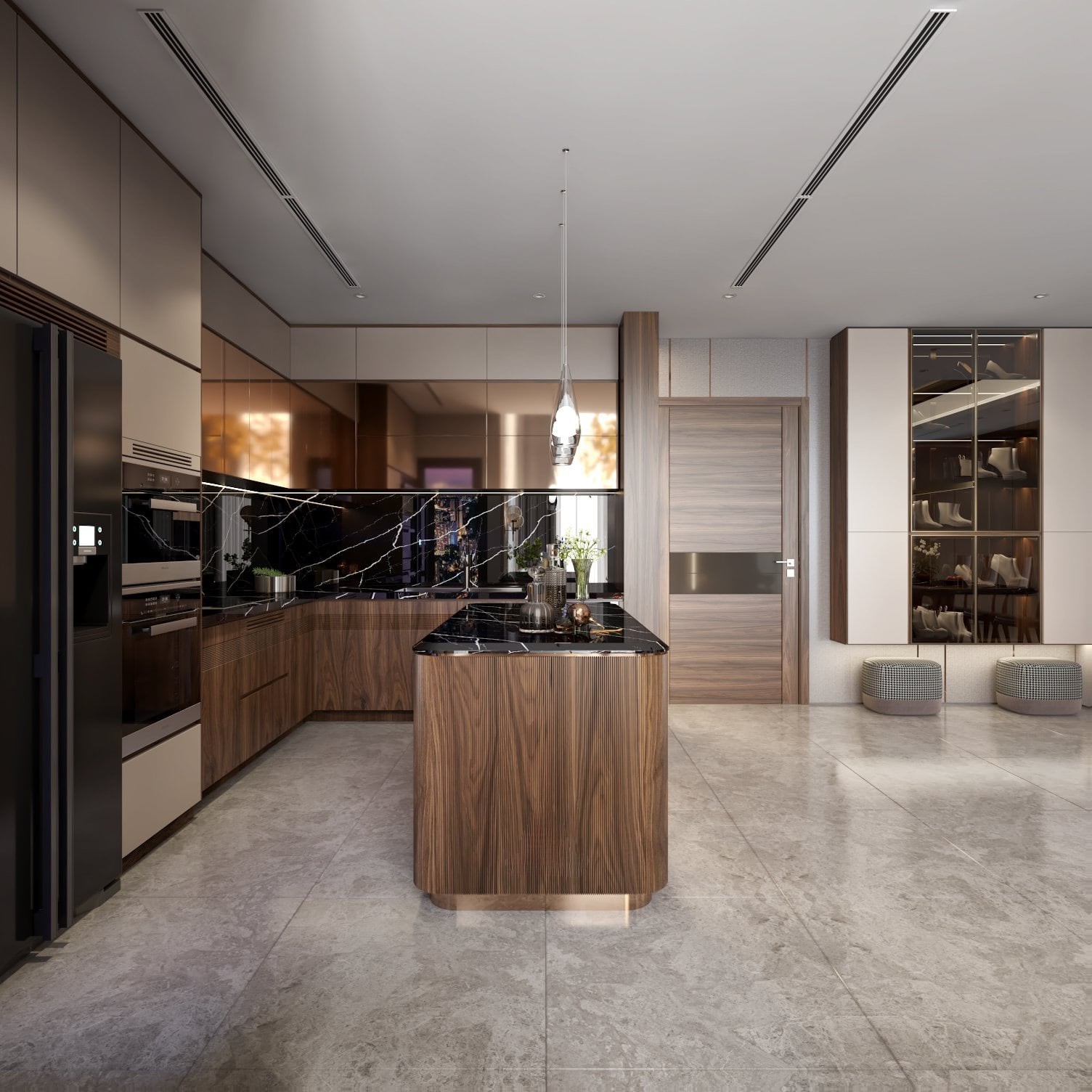 Mẫu tủ bếp gỗ đẹp hiện đại chữ L với tủ treo acrylic và tủ dưới gỗ óc chó