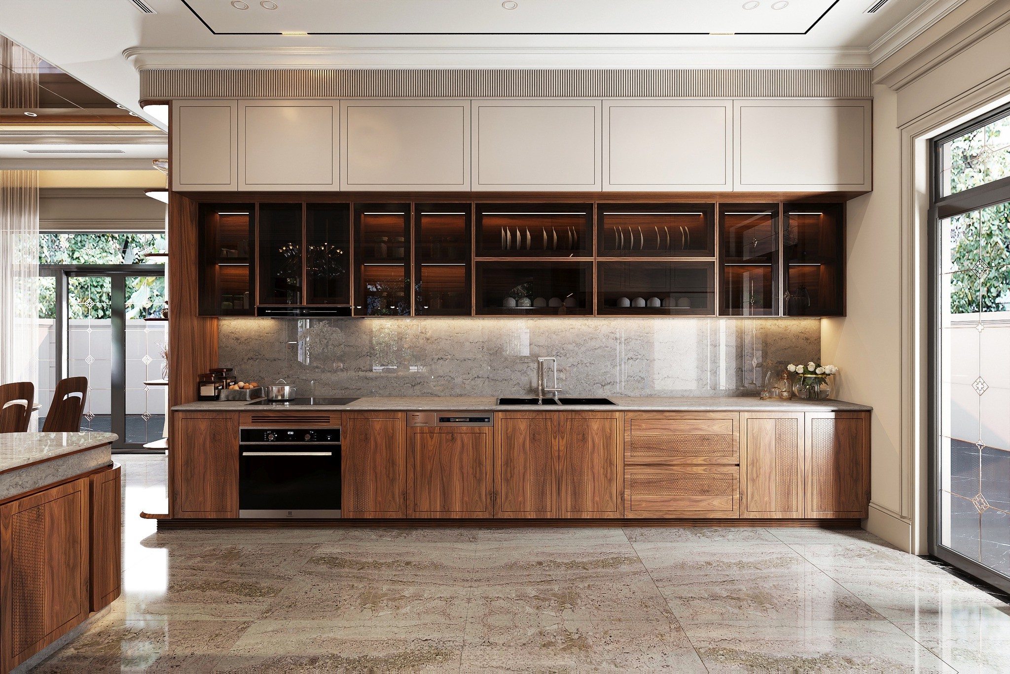 Mẫu tủ bếp gỗ tự nhiên chữ I cao kịch trần với hệ tủ acrylic trắng và mặt đá granite xám loang