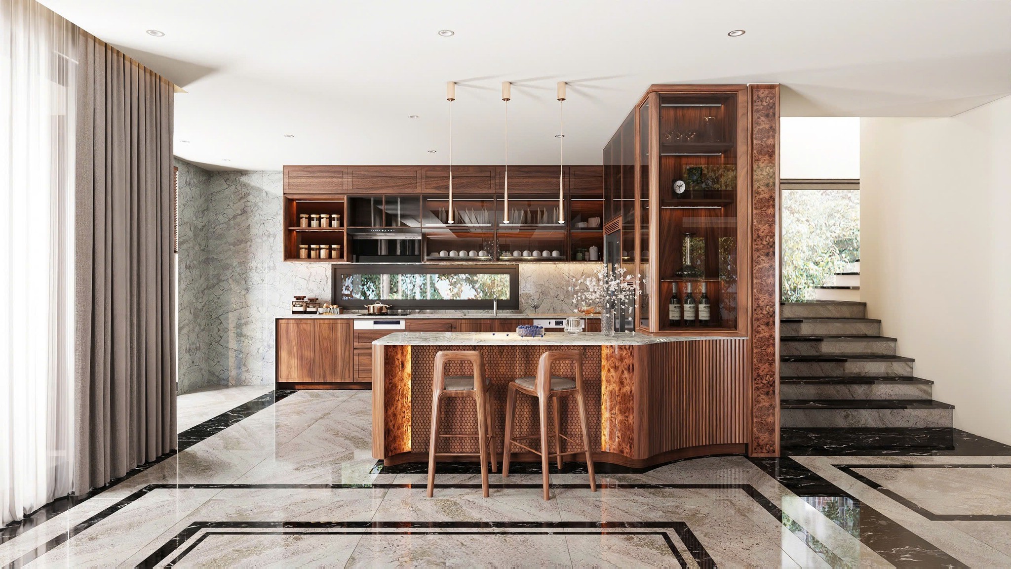 Mẫu tủ bếp gỗ chữ L có bàn bar gắn liền so với các mẫu tủ bếp khác