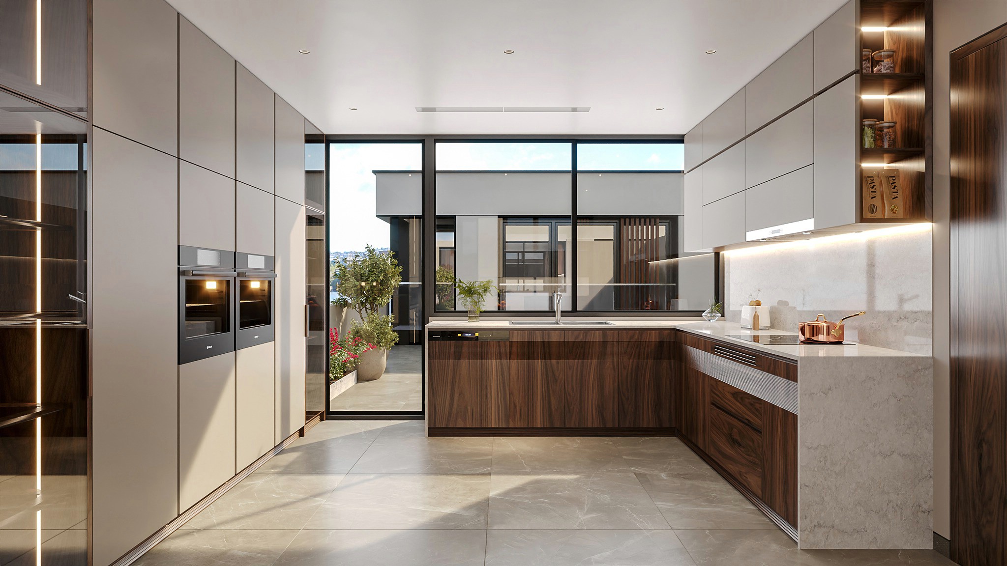 : Mẫu tủ bếp chữ L với tủ lạnh tách rời, chất liệu acrylic và mặt đá marble trắng