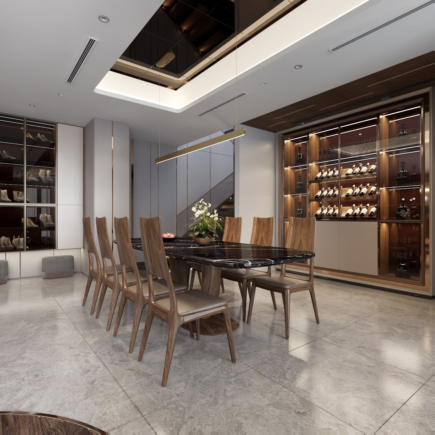Mẫu tủ rượu gỗ tự nhiên phòng bếp cao kịch trần với thiết kế âm tường hiện đại