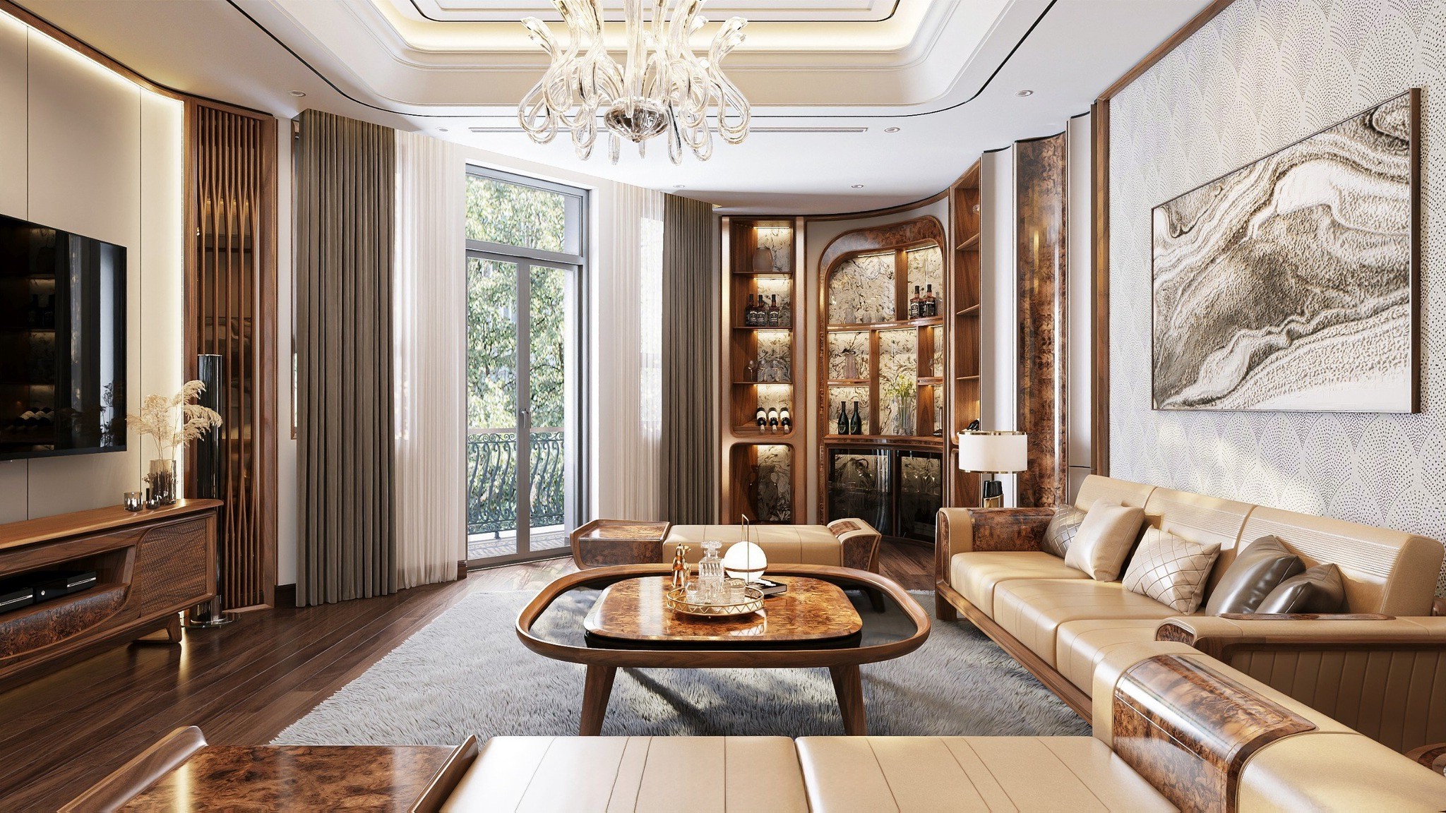 Mẫu tủ rượu góc phòng khách bo cong chữ C chất liệu gỗ óc chó