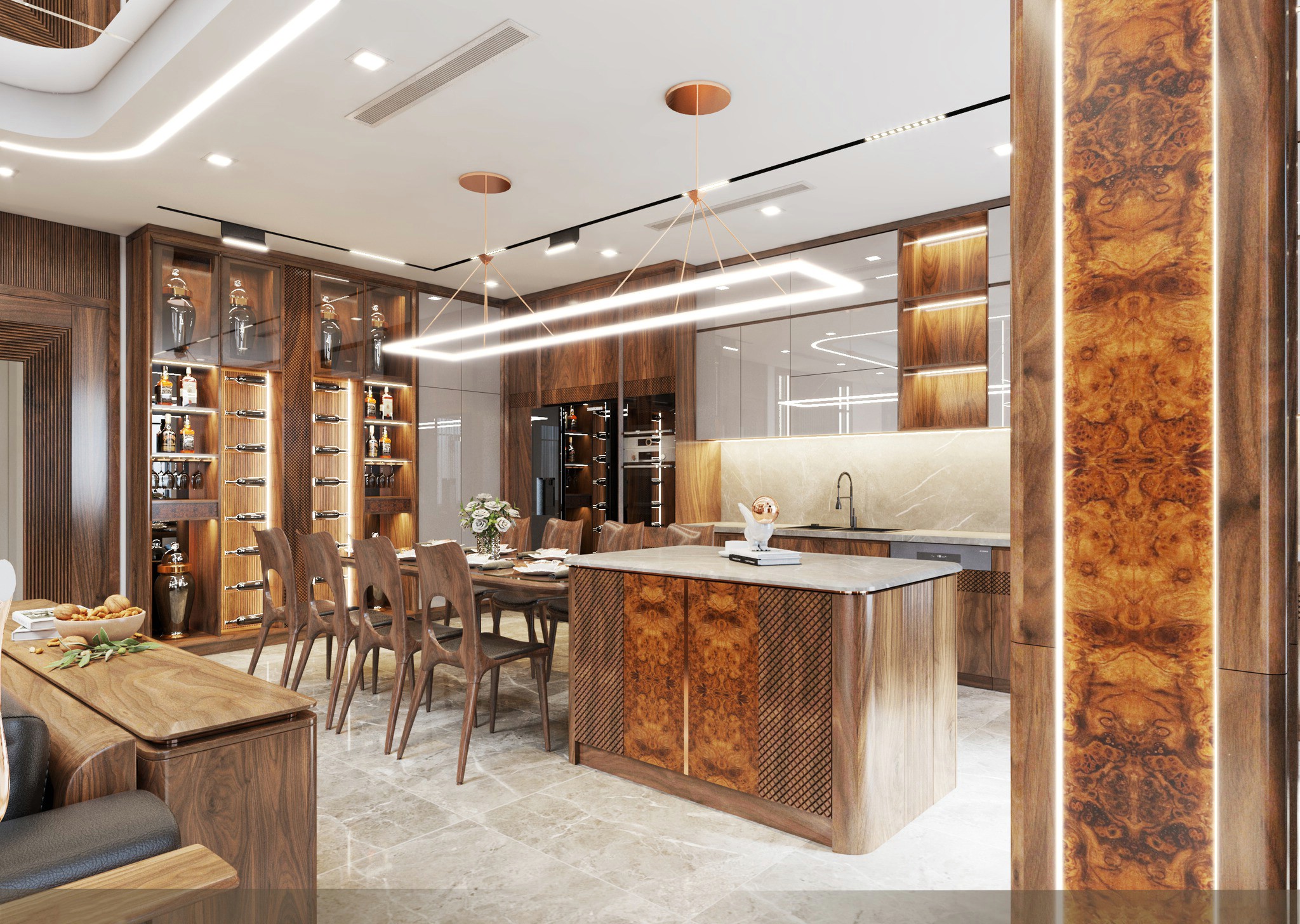 Mẫu tủ rượu phòng bếp gỗ tự nhiên chữ I cao kịch trần với cánh kính và khung CNC mắt cáo