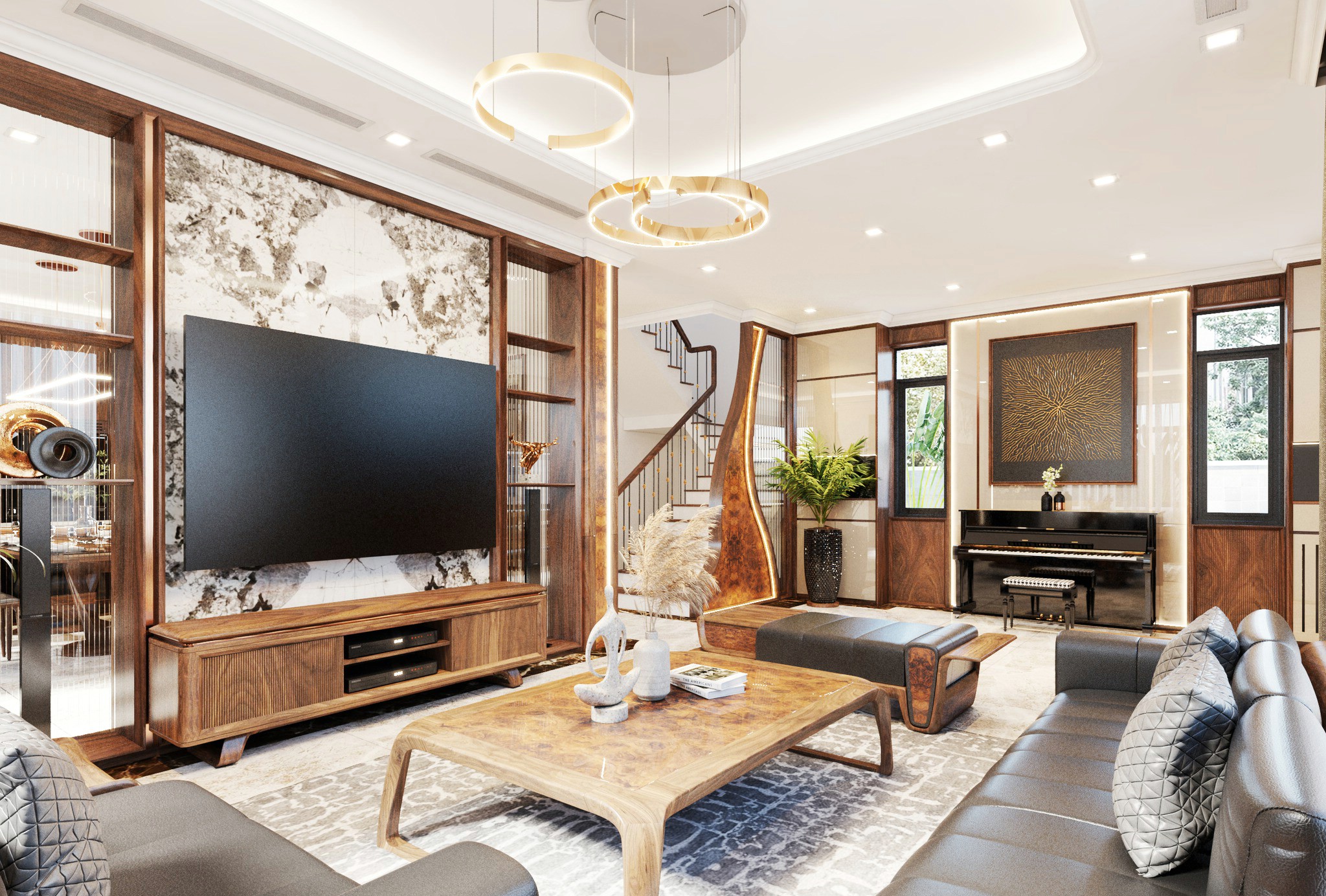 Mẫu vách kệ tivi phòng khách gỗ tự nhiên màu nâu đậm với ốp PVC giả vân đá và kệ trang trí hai bên