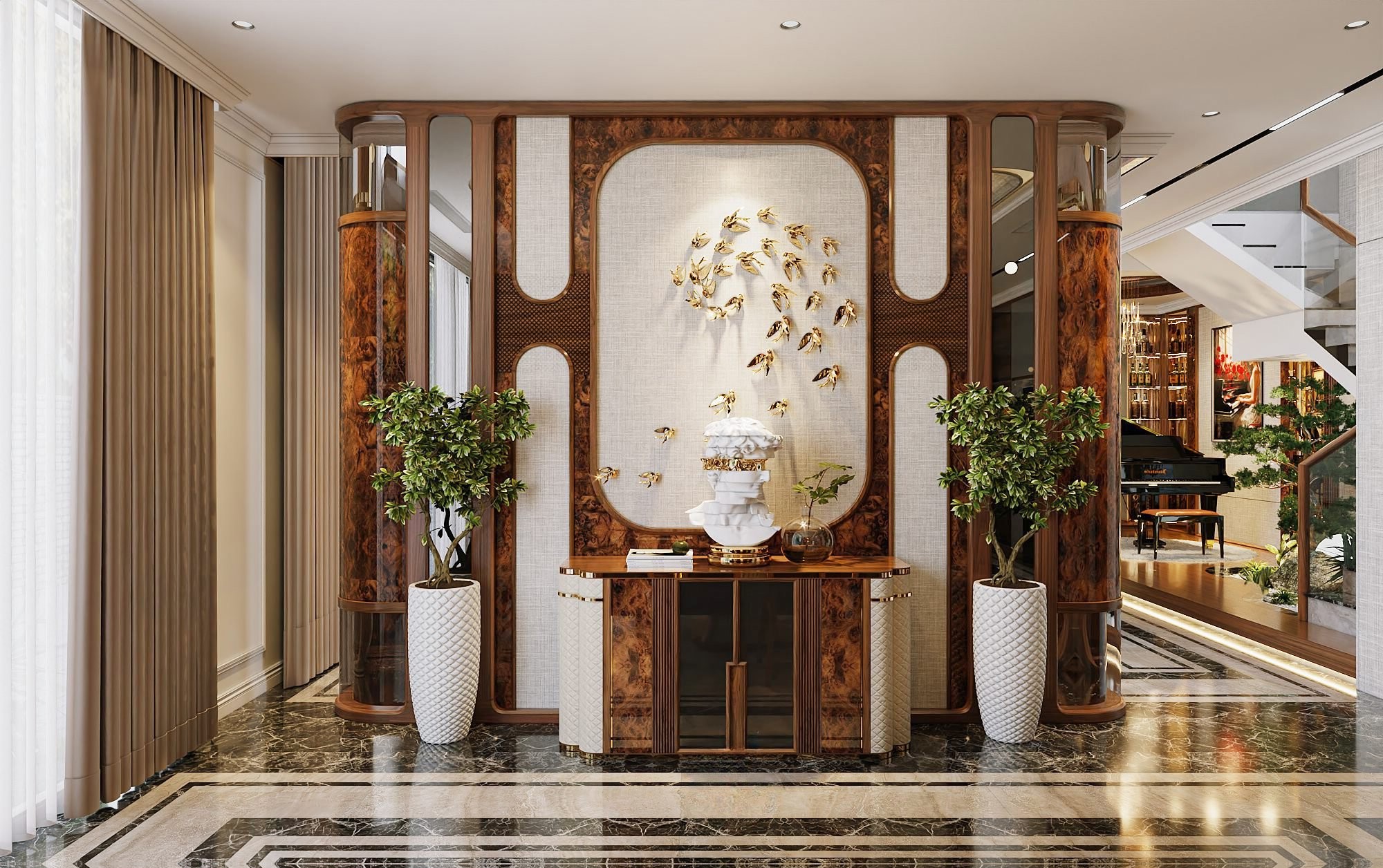 Mẫu vách ngăn bếp hiện đại với khung veneer nu và gương kịch trần