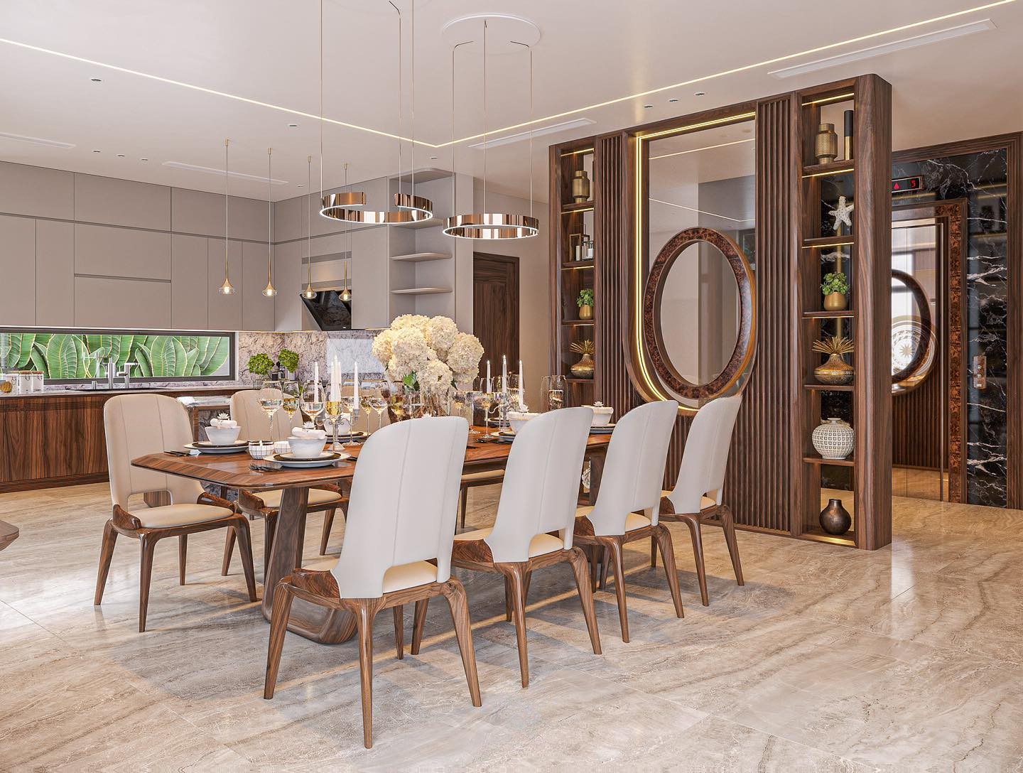 Mẫu vách ngăn đẹp với kính vòm cung, veneer nu và kệ trang trí 6 tầng Mẫu vách ngăn đẹp với kính vòm cung, veneer nu và kệ trang trí 6 tầng