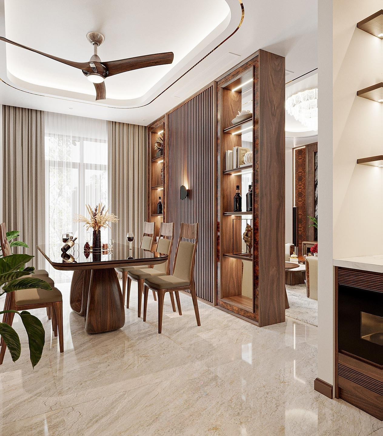 Mẫu vách ngăn phòng khách và bếp bằng gỗ MDF màu nâu đậm với kệ trang trí và lam sóng