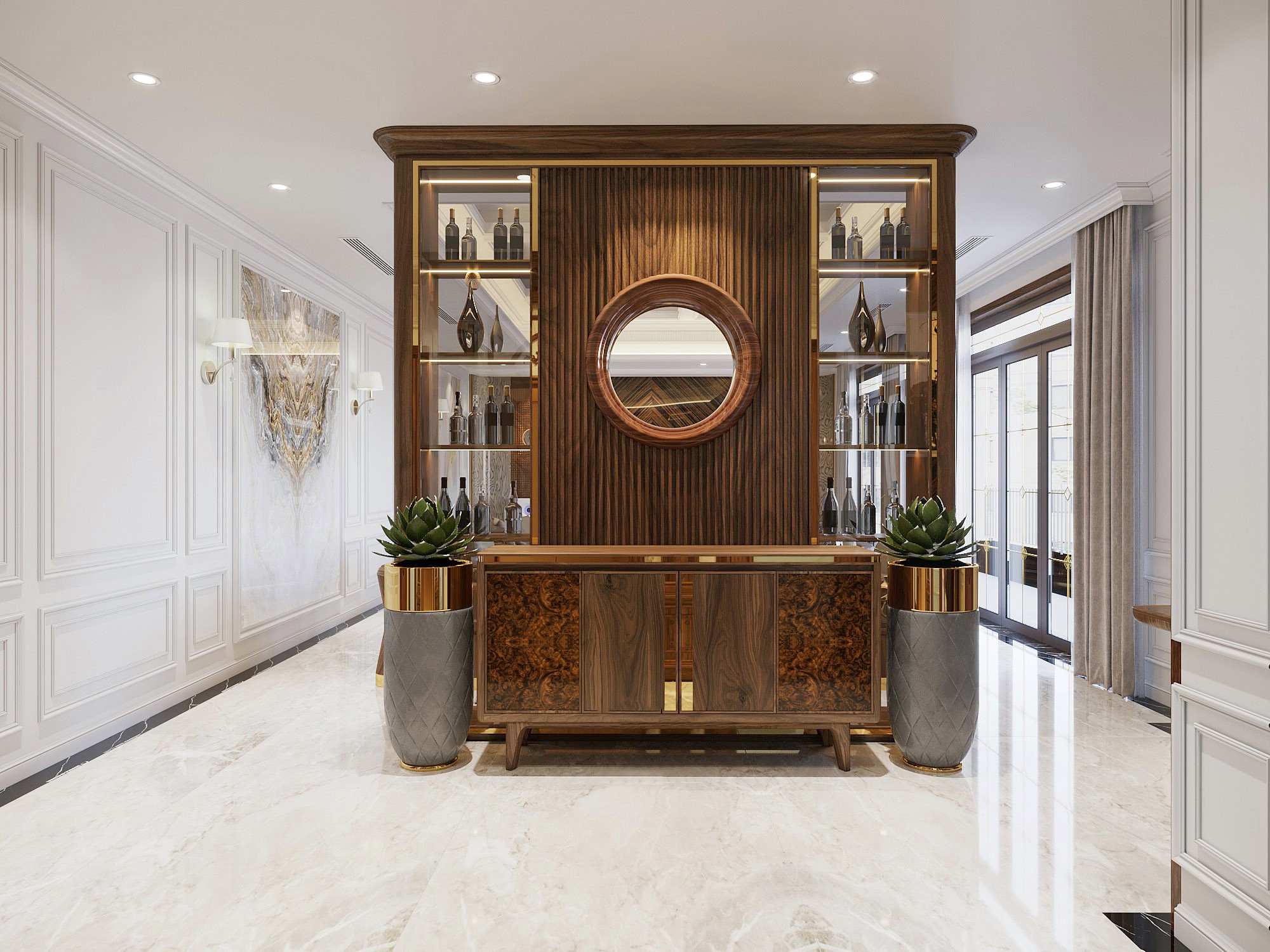 Mẫu vách ngăn cao kịch trần lam sóng giả gỗ với cutout hình tròn kính trong và kệ trang trí