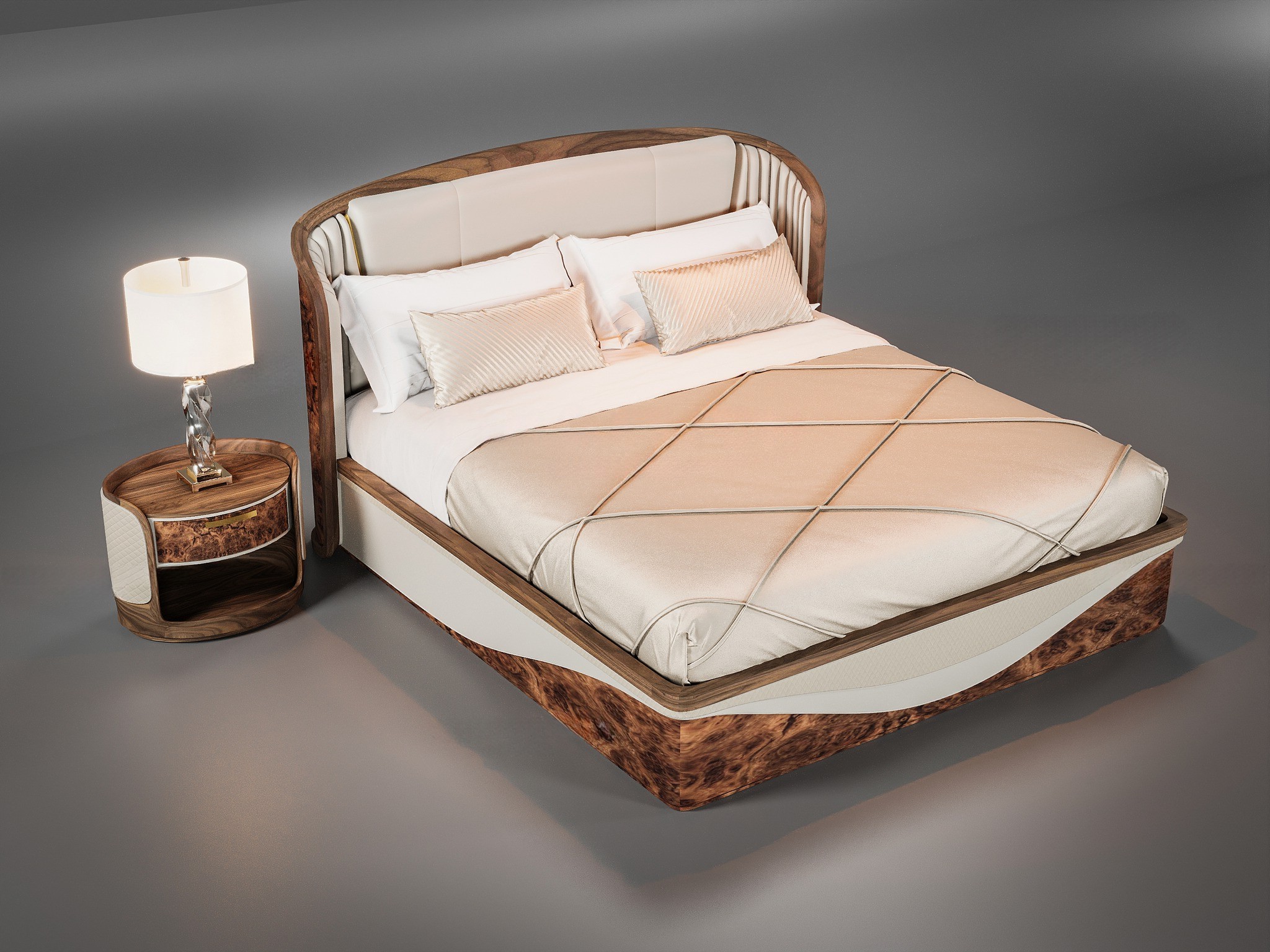 Nội thất giường ngủ hiện đại với khung veneer nu và tựa đầu vòm cung