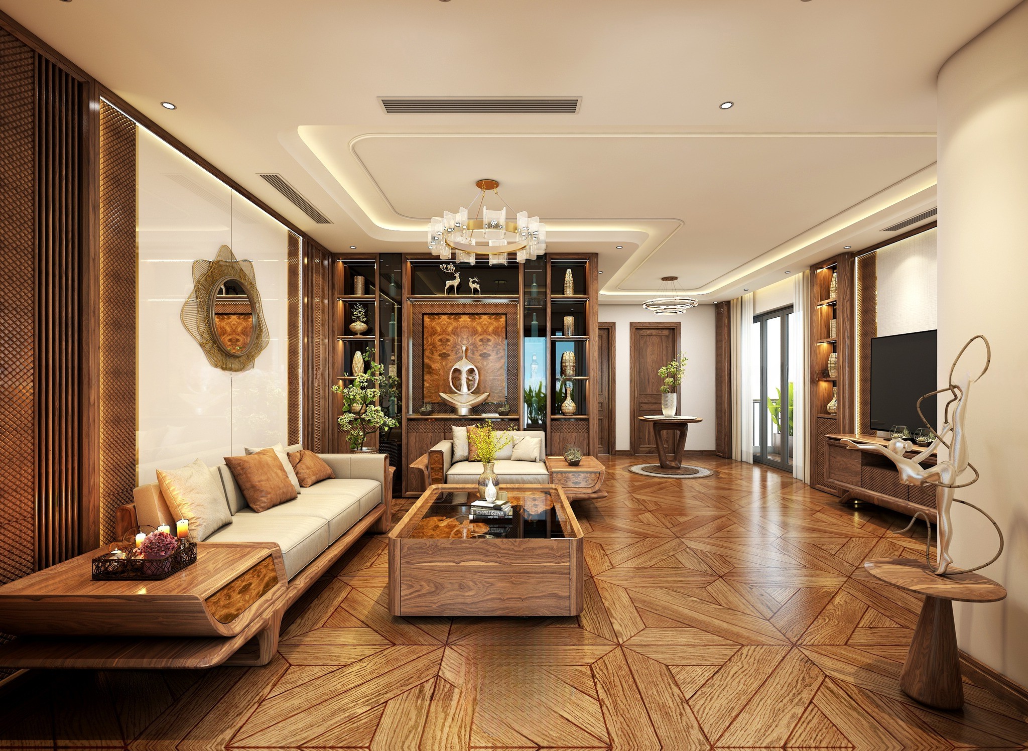 Nội thất phòng khách gỗ óc chó sang trọng