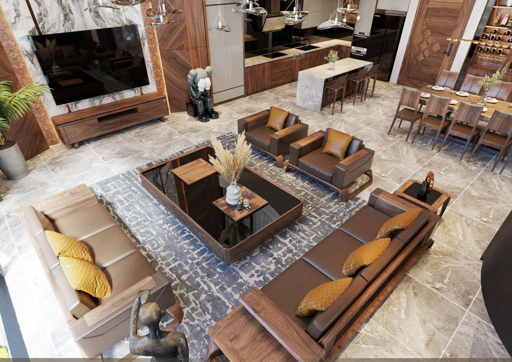 Nội thất phòng khách và bếp thông sàn với bộ bàn ghế gỗ bọc da và bàn ăn nguyên tấm 10 ghế