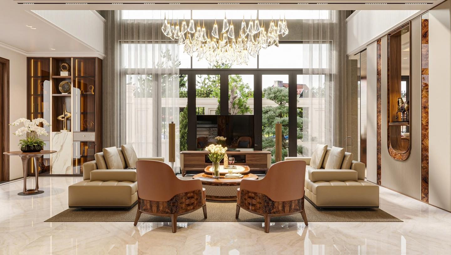 : Nội thất phòng khách gam màu be – nâu, sofa chữ U, bàn trà trung tâm và kệ tivi gỗ óc chó