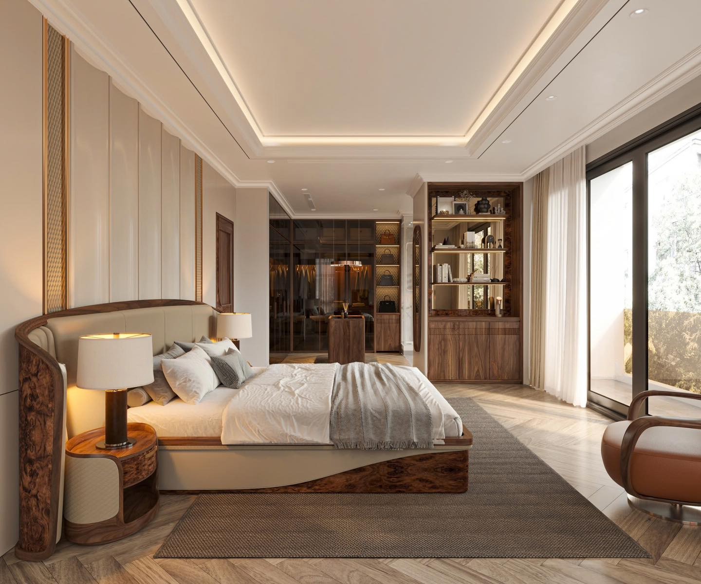 Nội thất phòng ngủ hiện đại với tủ quần áo chữ L và giường veneer nu