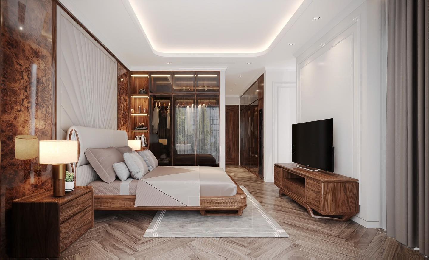 Nội thất phòng ngủ sang trọng hiện đại với tủ quần áo kính và giường dáng thấp