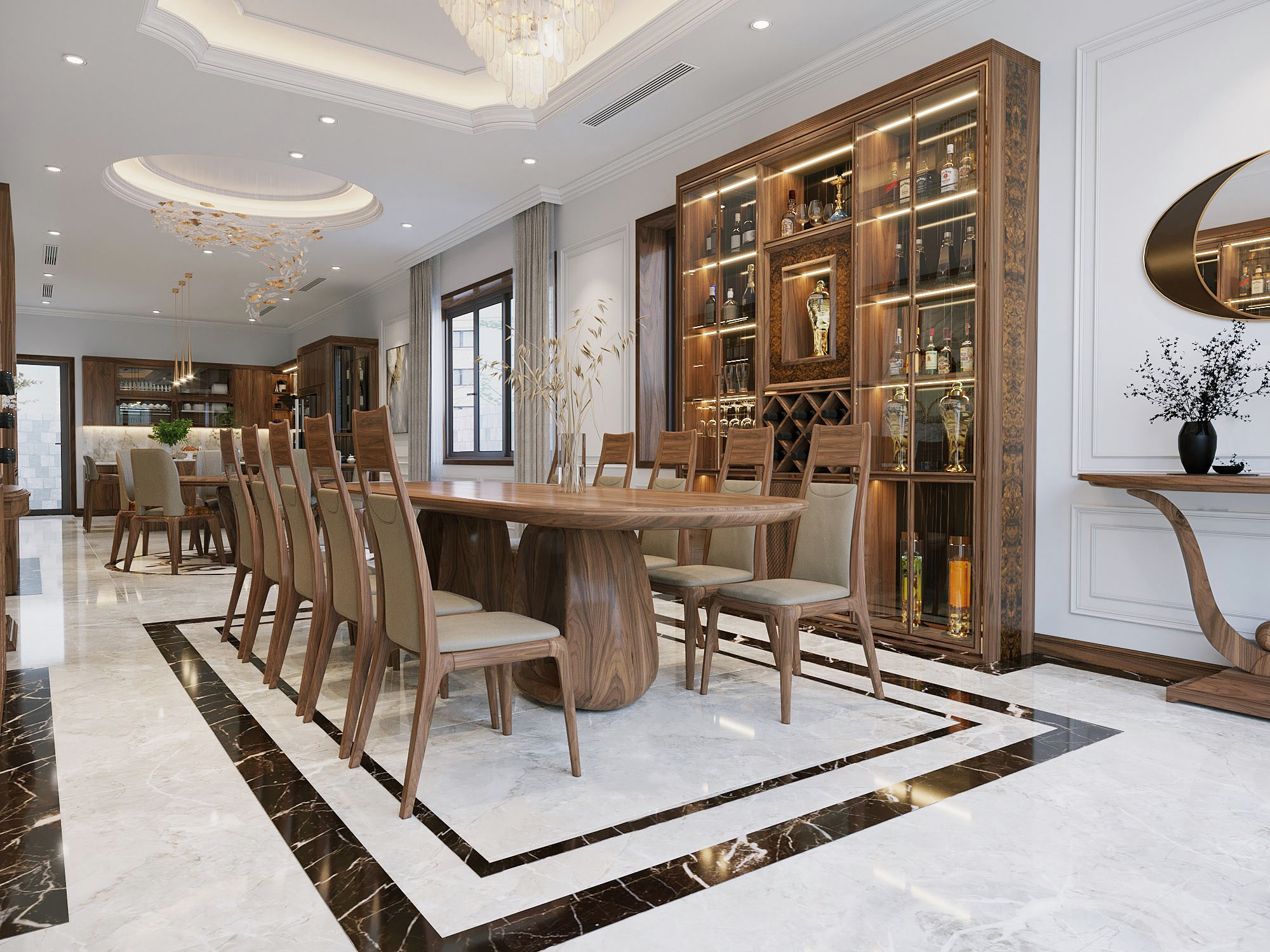 Phòng bếp đẹp nhà ống với bàn ăn gỗ óc chó và tủ rượu kính sang trọng