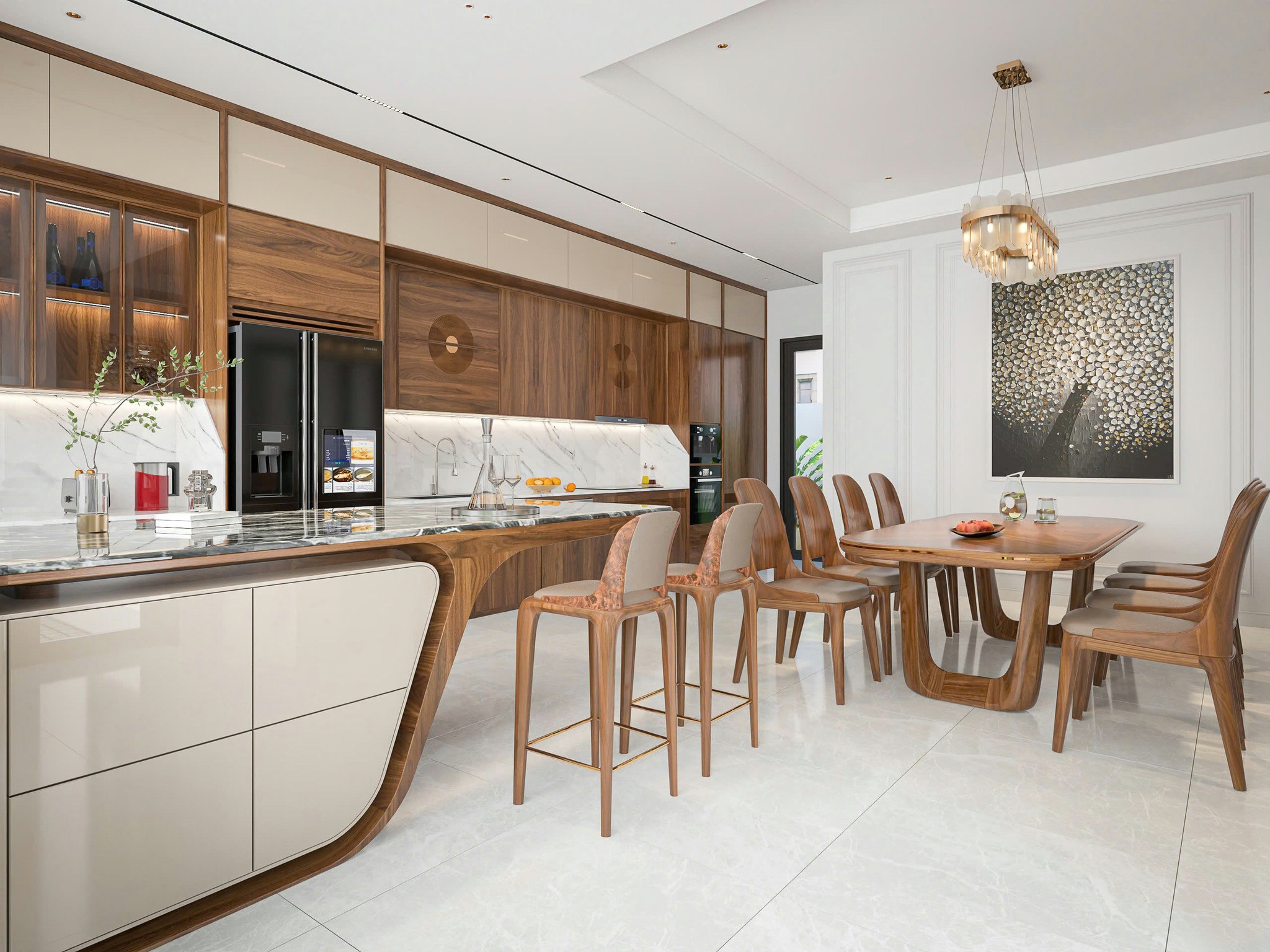 Phòng bếp đẹp sang trọng với bàn ăn gỗ óc chó và hệ tủ bếp chữ I hiện đại