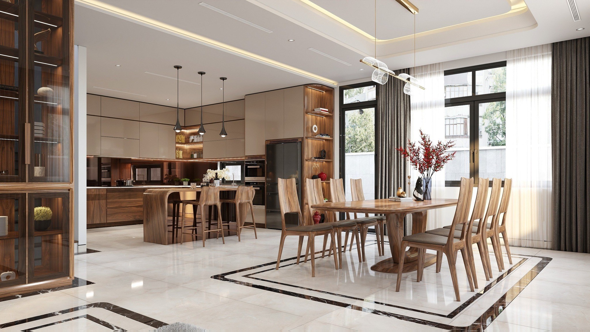 Phòng bếp hiện đại với bàn ăn gỗ óc chó và tủ bếp chữ L cao kịch trần