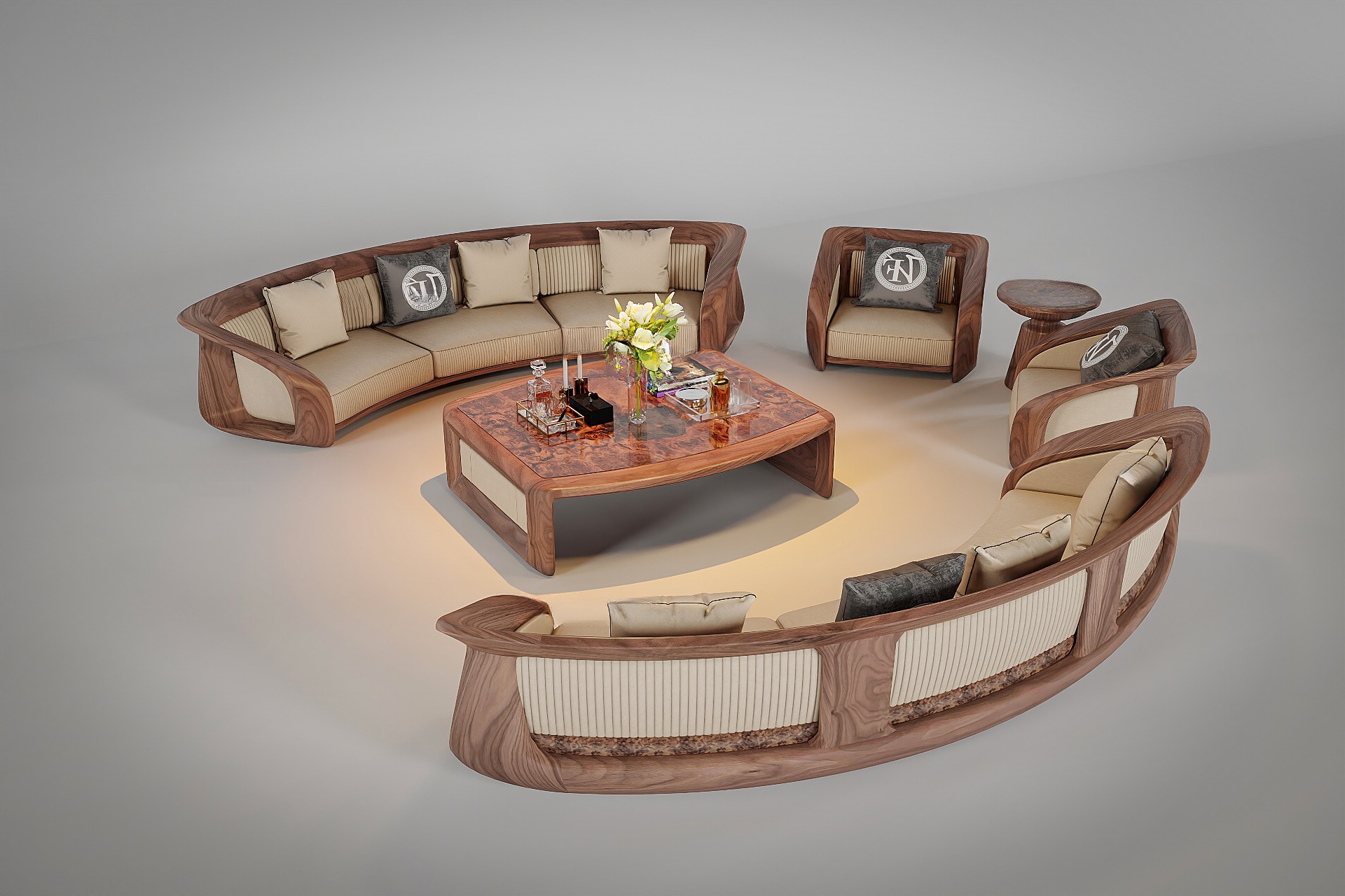 Sofa gỗ da gỗ óc chó bọc da be với bàn trà veneer nu hiện đại