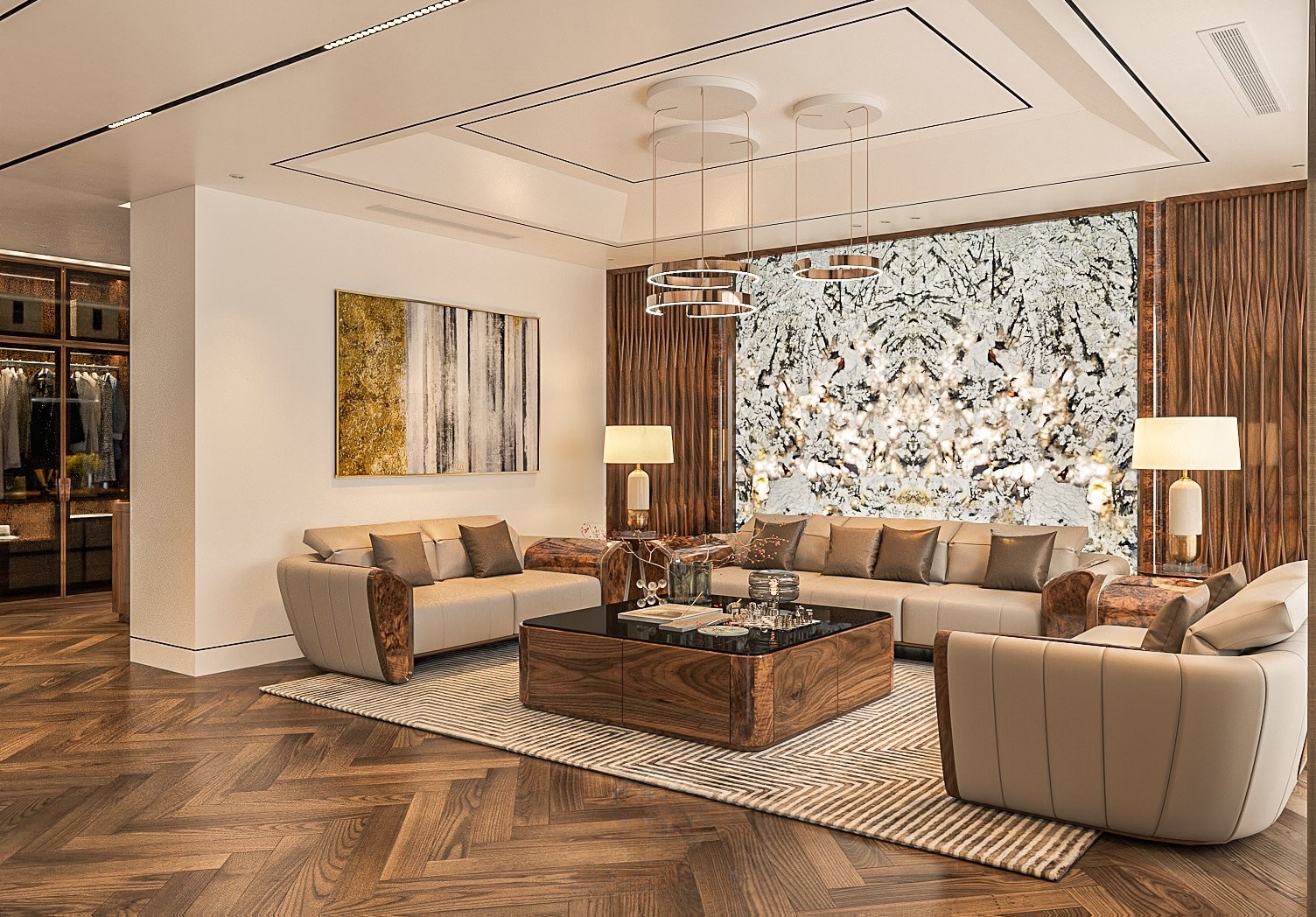 Sofa gỗ đẹp kích thước lớn với sofa văng, ghế đơn và bàn trà hộp vuông mặt kính đen