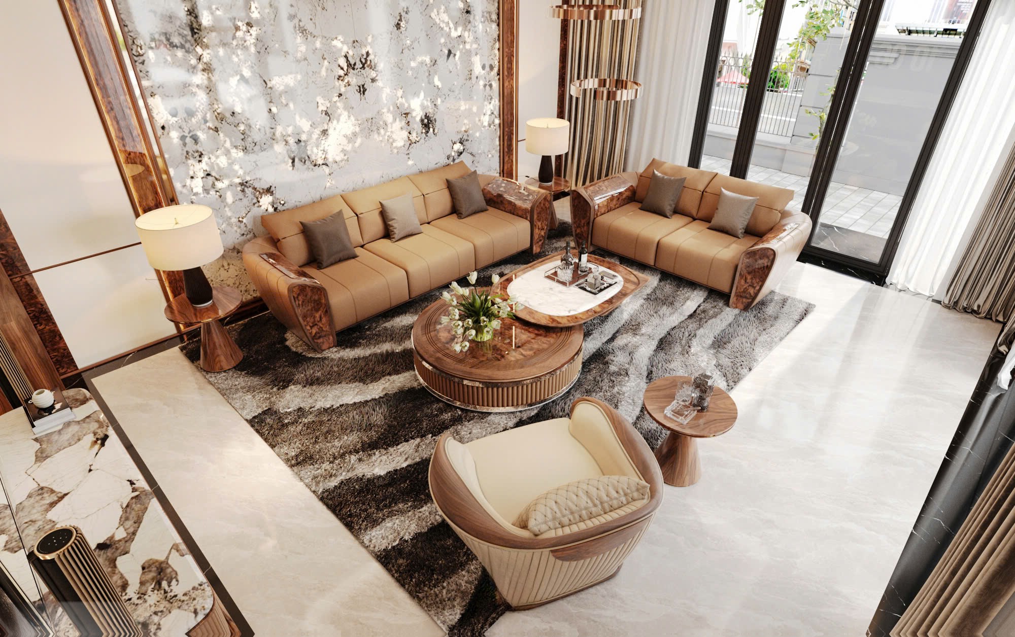 Sofa gỗ óc chó đẹp cho phòng khách hiện đại