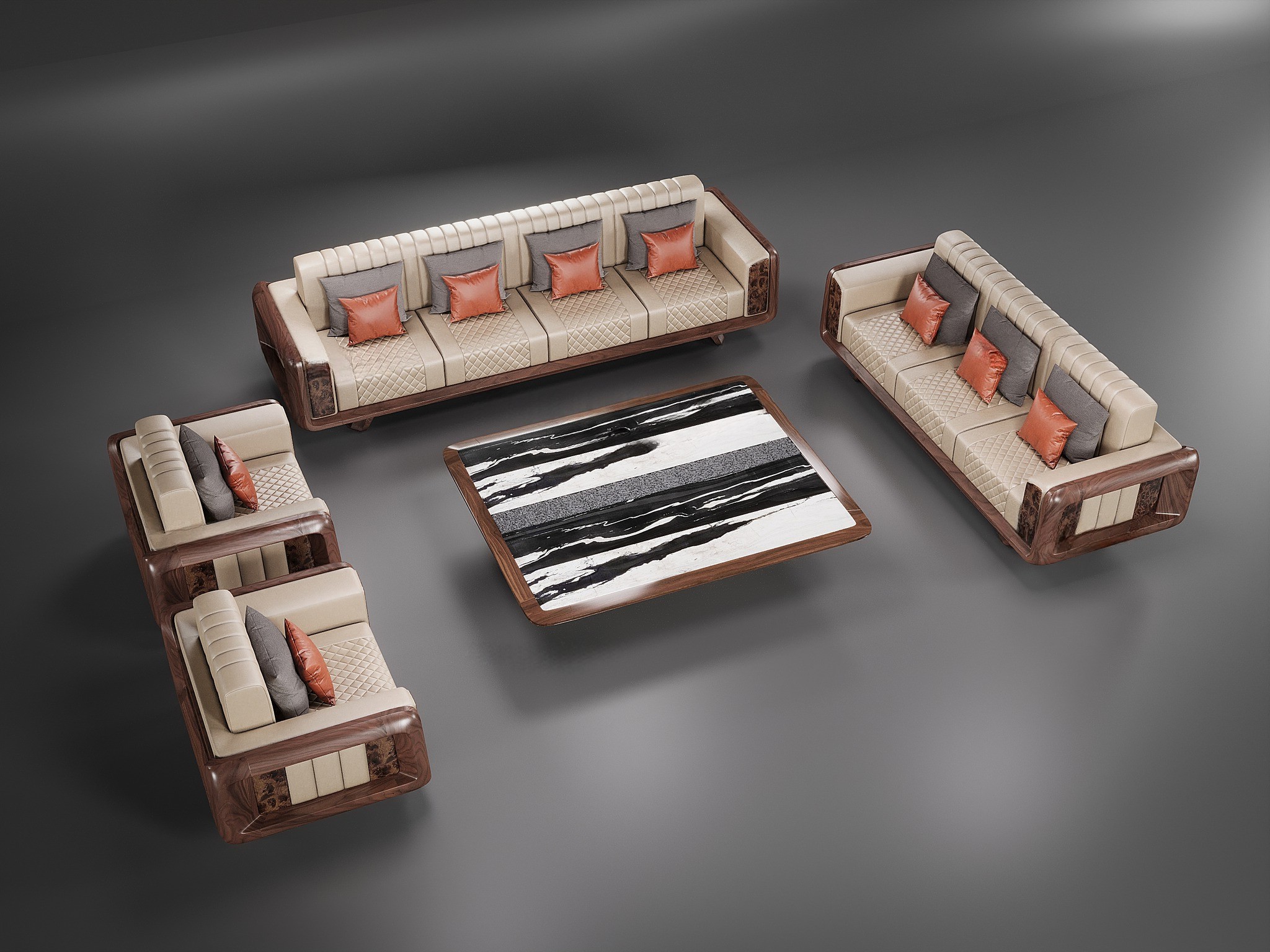 : Sofa gỗ óc chó hiện đại kết hợp da bò trắng và bàn trà đá kim tự tháp
