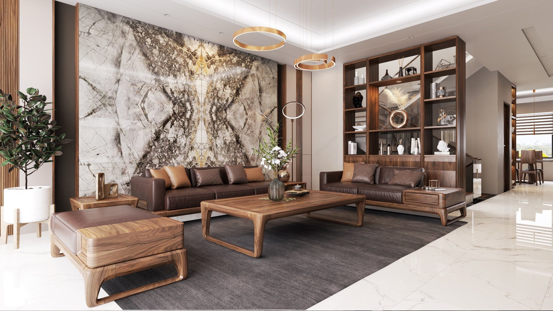 Sofa gỗ phòng khách gỗ óc chó đệm da nâu đậm và bàn trà gỗ tấm